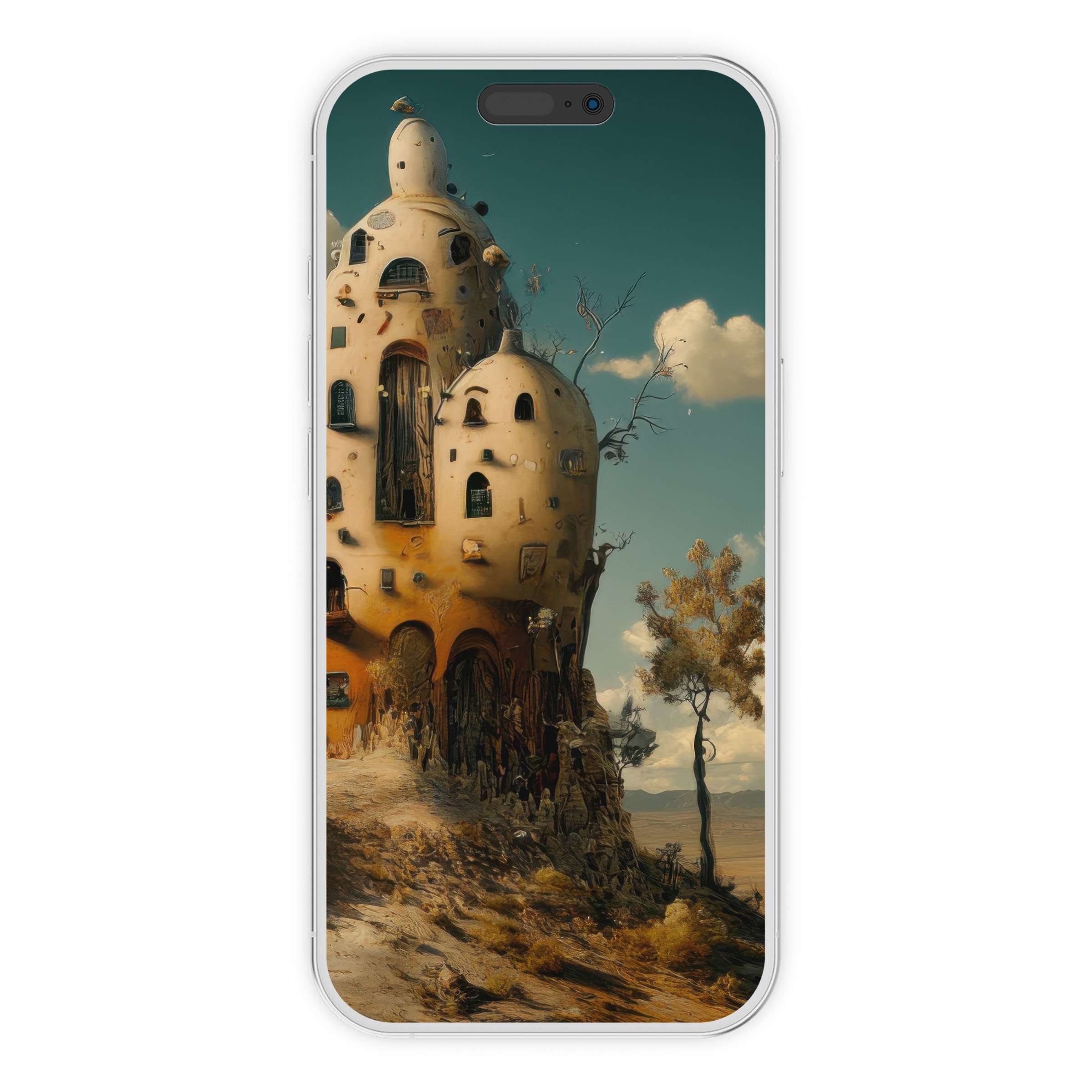 Modern iPhone wallpaper with surreal architecture, earthy tones, enhancing any phone background, available as a digital download