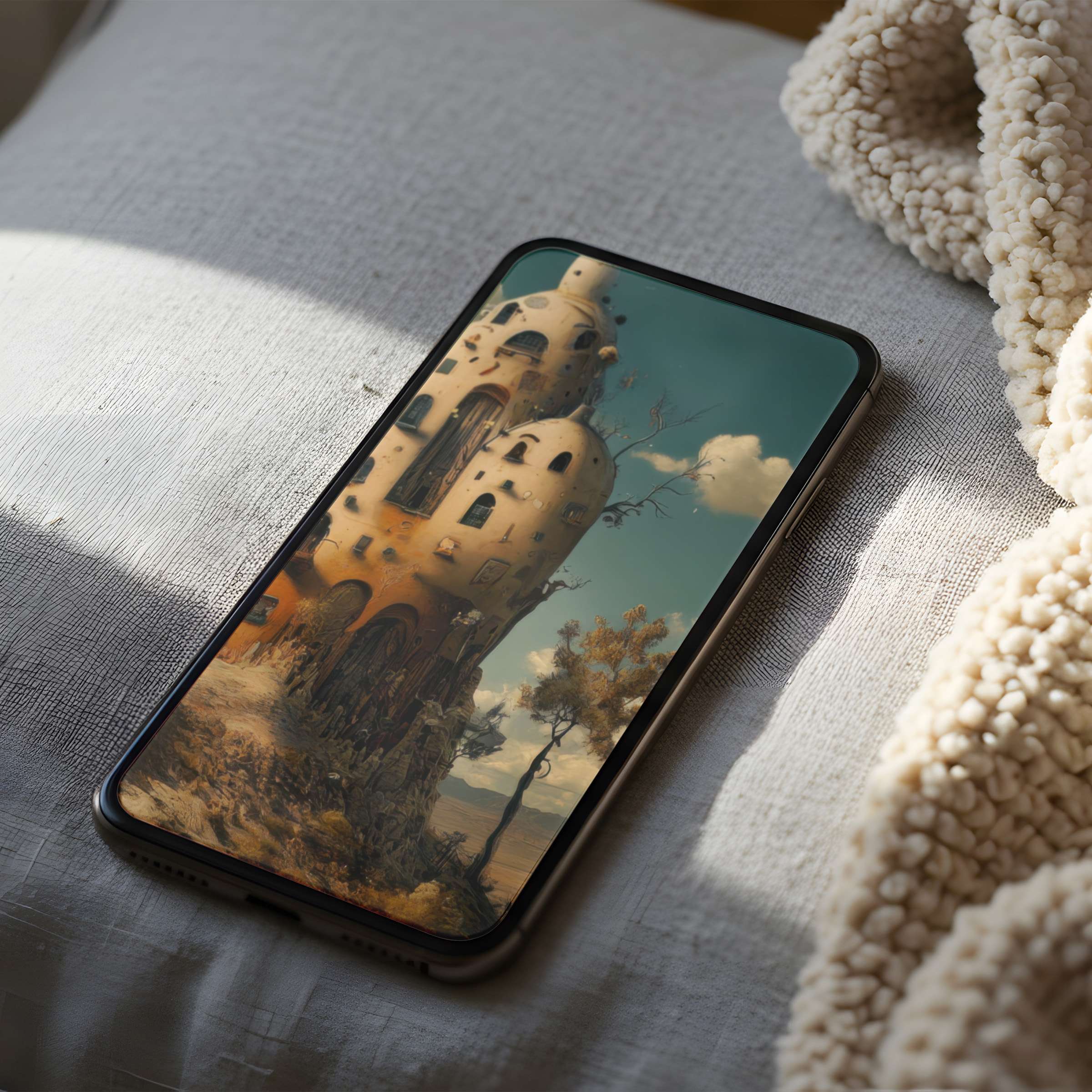 Surreal phone wallpaper with dreamlike architecture set against a serene sky ideal for iPhone and Android high-resolution download