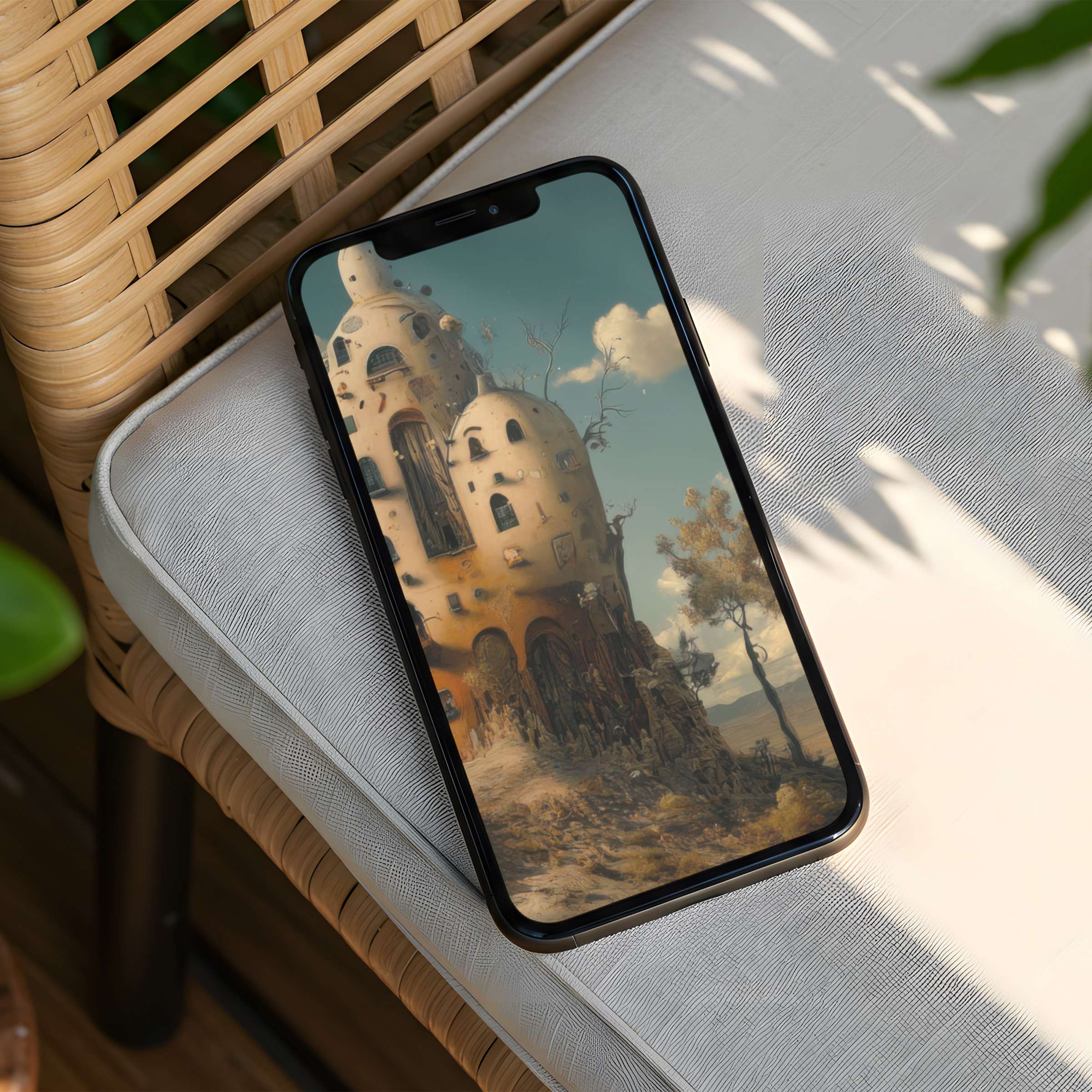 Elegant iPhone background featuring a surreal building under a calm sky inspiring mindfulness instant download for your phone