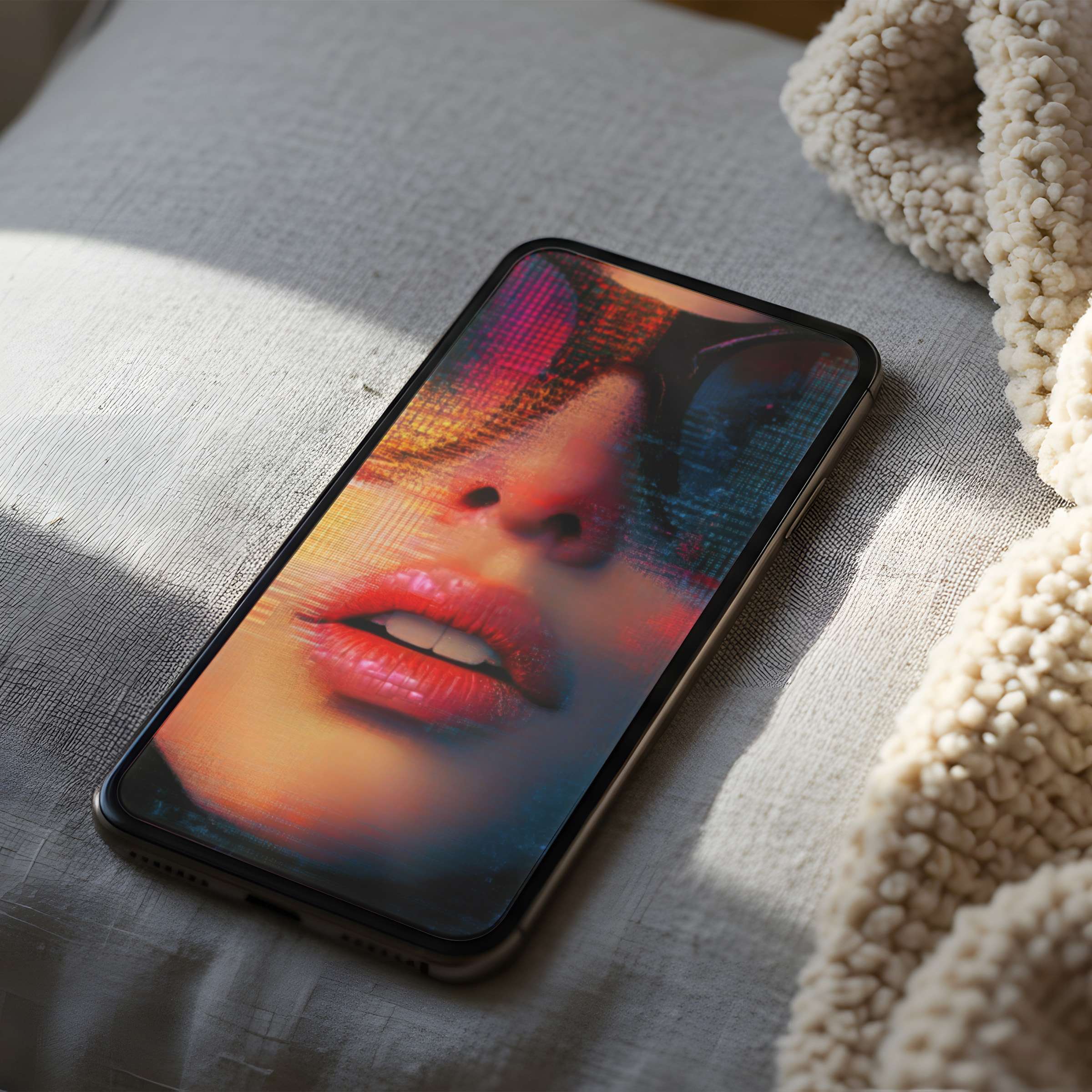 Vibrant digital art phone wallpaper with abstract colors on a cozy surface adds elegance to iPhone and Android screens, available for download