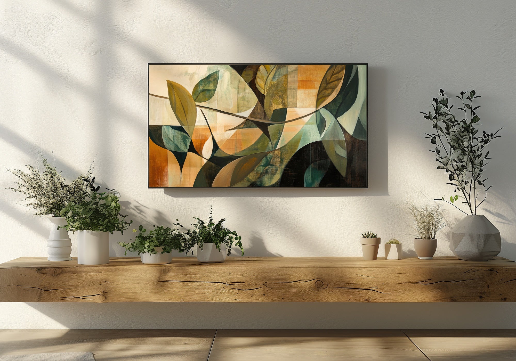 Modern Frame TV Art featuring abstract geometric leaf shapes in warm orange, green, and beige tones - a contemporary digital artwork designed for Samsung Frame TV to add artistic depth and style to modern interiors