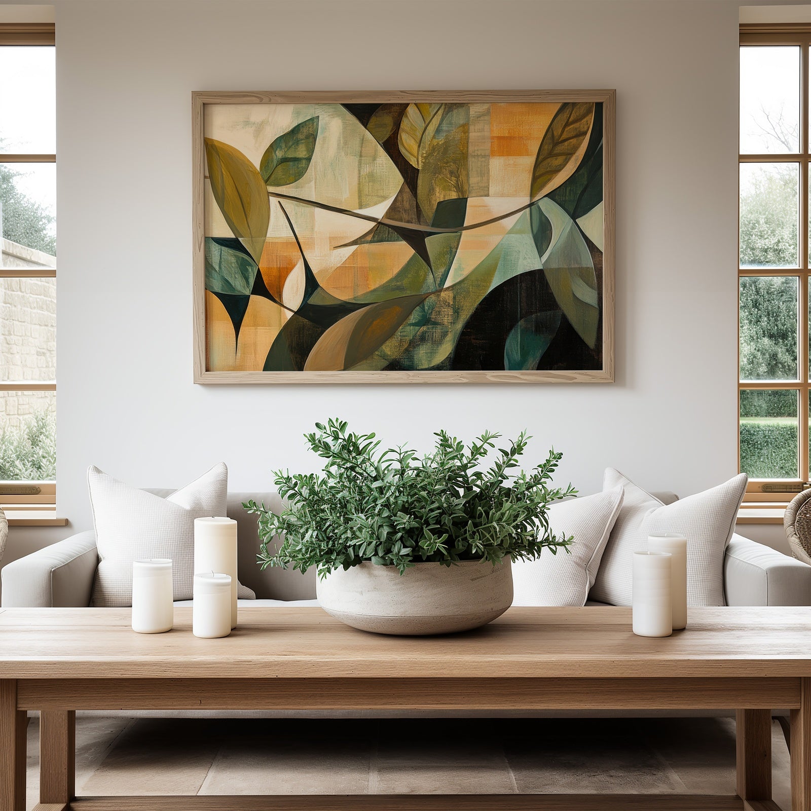 A stylish modern living room with neutral decor featuring a framed abstract digital art print in earthy tones of green, gold, and beige. The geometric leaf-inspired design adds a sophisticated and contemporary touch to the clean, minimalist space