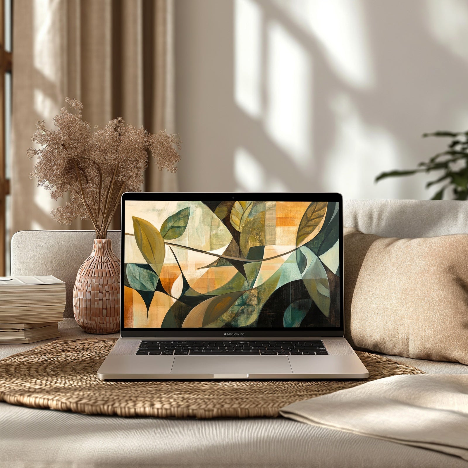 Modern desktop wallpaper featuring abstract geometric leaf shapes in warm earthy tones, designed to bring natural balance and modern artistry to your workspace