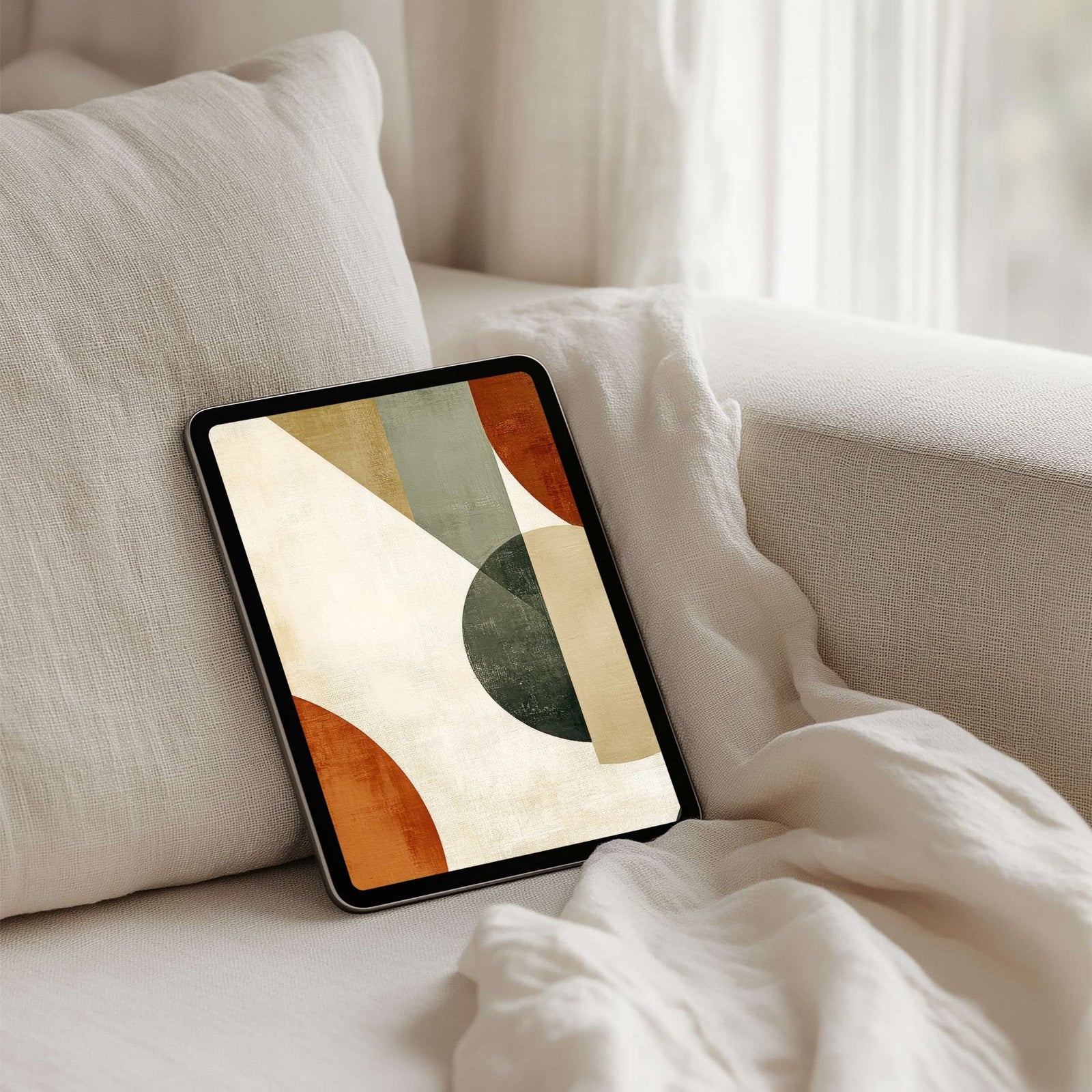 Minimalist iPad wallpaper featuring geometric abstract shapes in earthy tones, creating a warm, modern, and stylish digital aesthetic