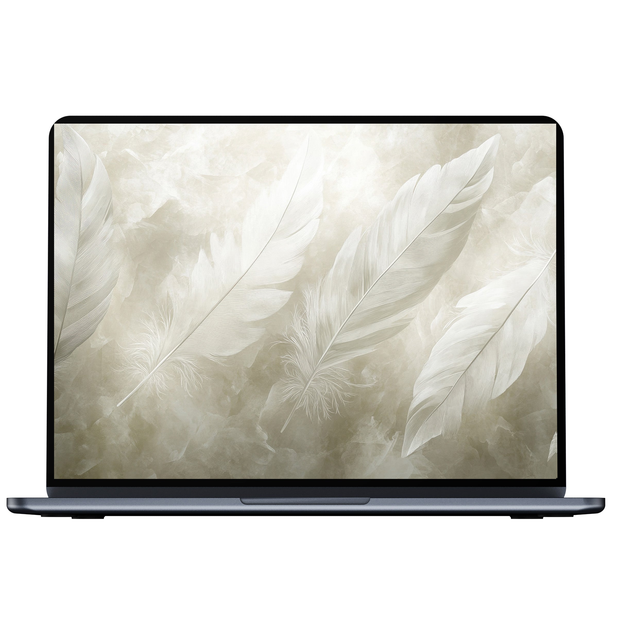 Elegant, neutral desktop wallpaper featuring airy white feathers on a soft beige texture perfect digital download for PC or laptop backgrounds