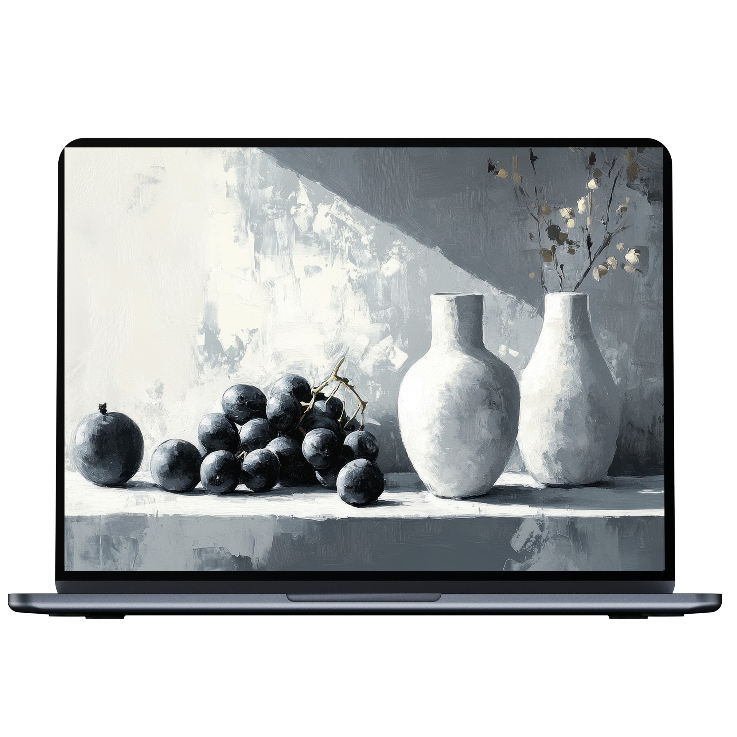 Elegant neutral desktop wallpaper with monochrome still life digital download, perfect for mindful PC and laptop aesthetics