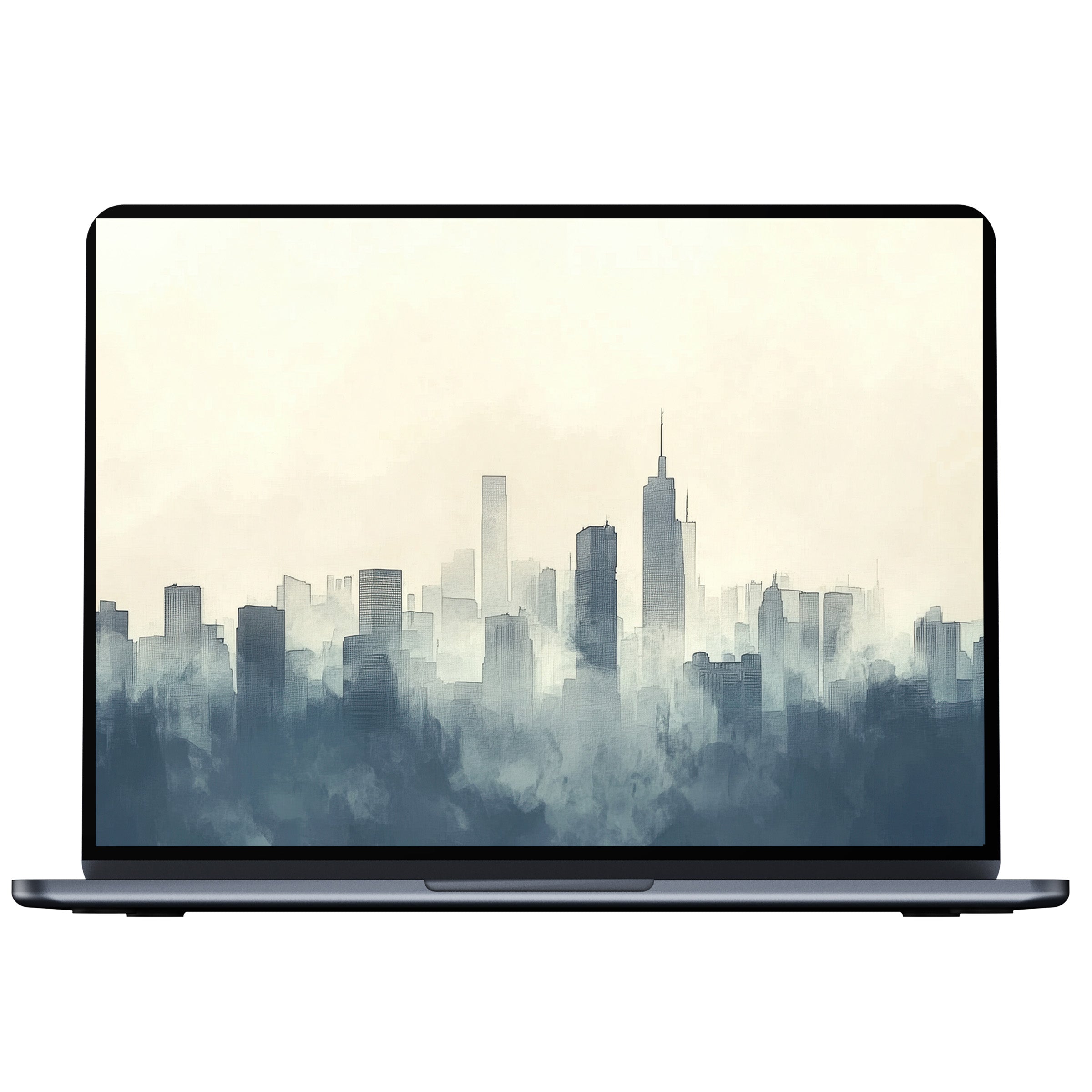 Elegant neutral desktop wallpaper featuring a calming city skyline in misty hues for digital download inspiring mindfulness on PC and laptop