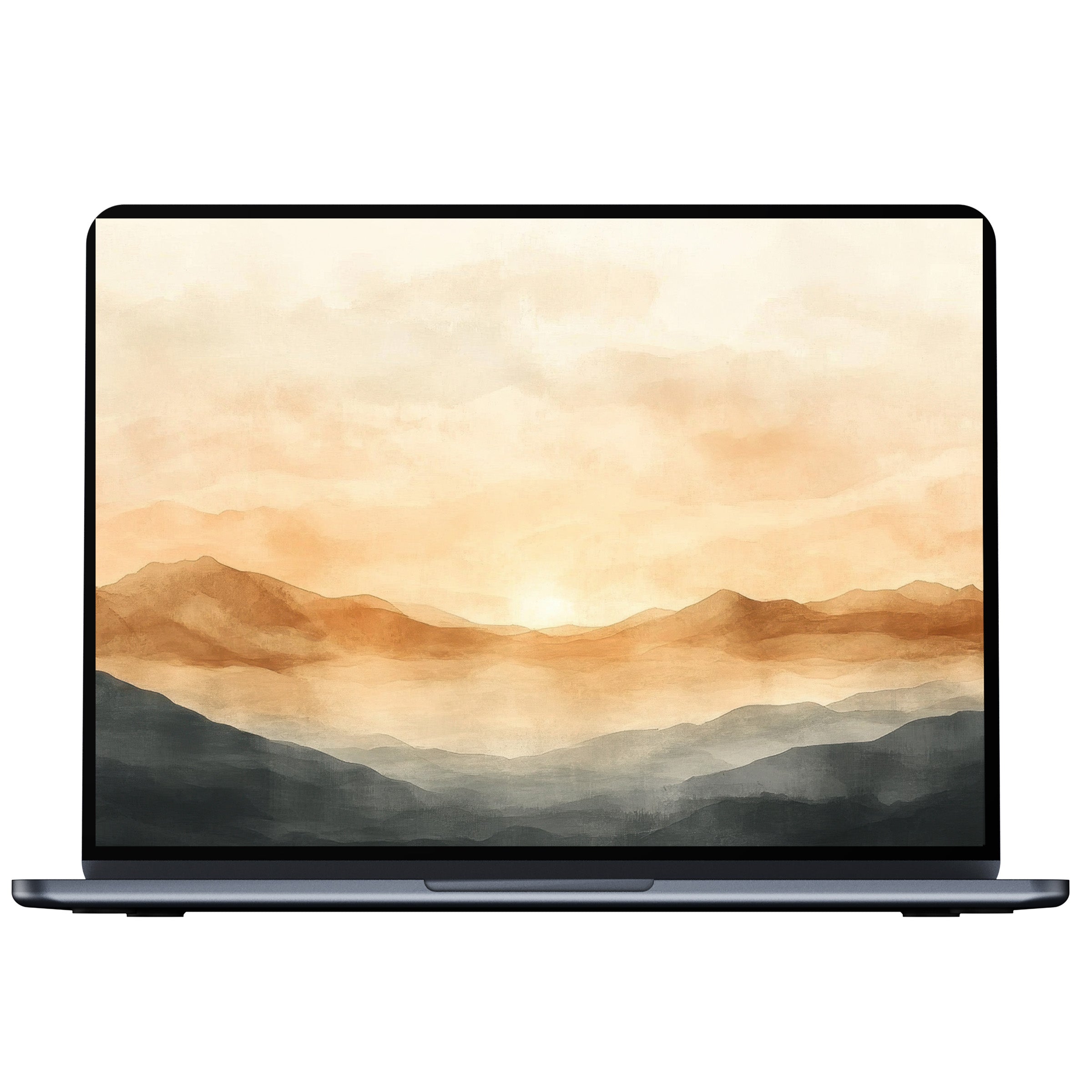Neutral desktop wallpaper of serene watercolor mountains in soft earth tones ideal for PC or laptop digital download