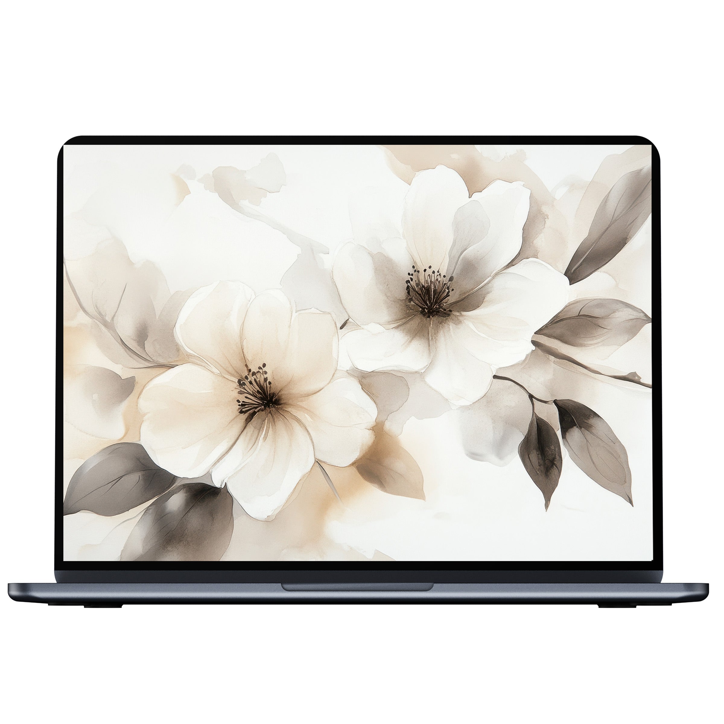 Neutral desktop wallpaper with serene beige and white floral art, perfect digital download for inspiring elegance on PC or laptop