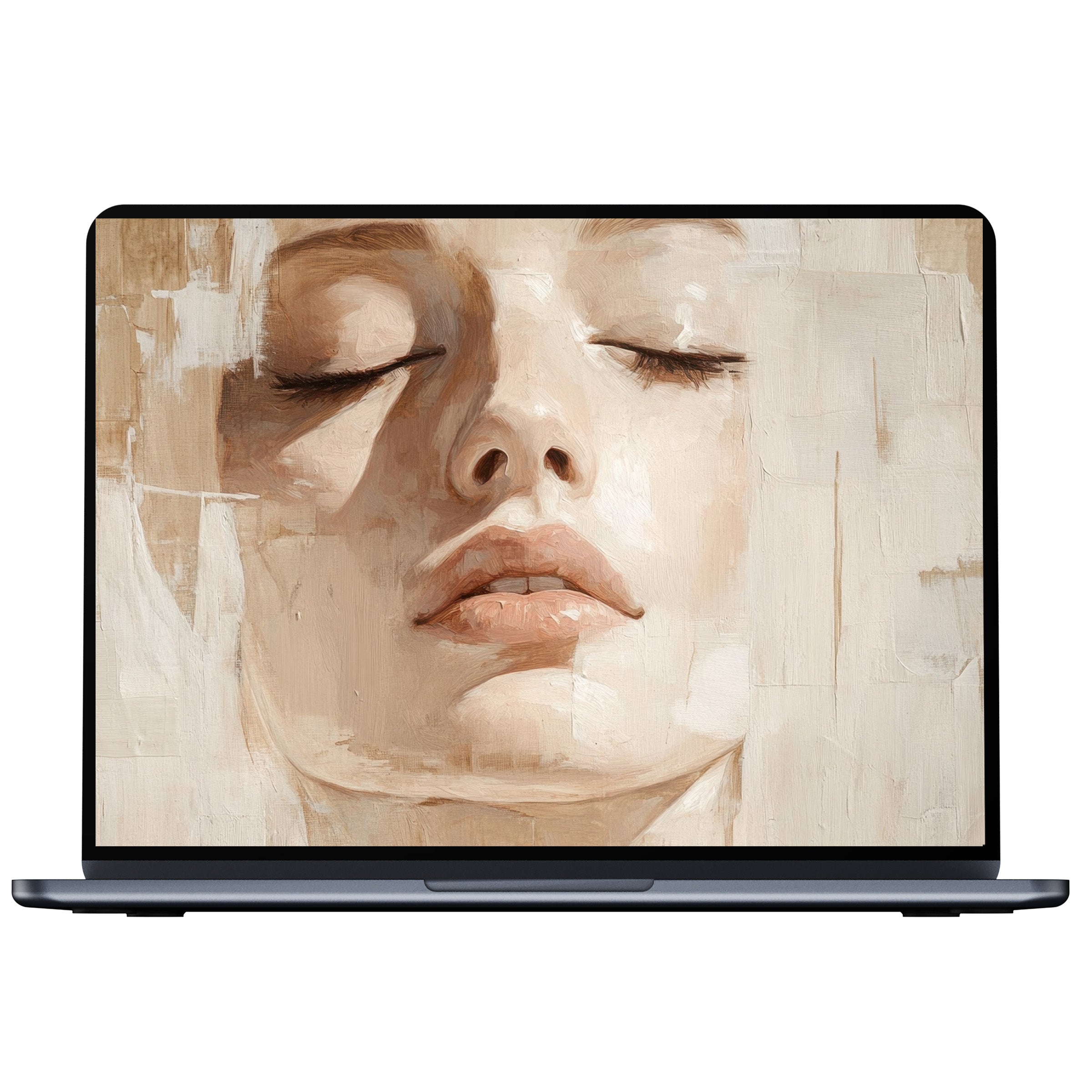 Neutral desktop wallpaper digital download featuring serene abstract face painting in soft tones for PC and laptop elegance