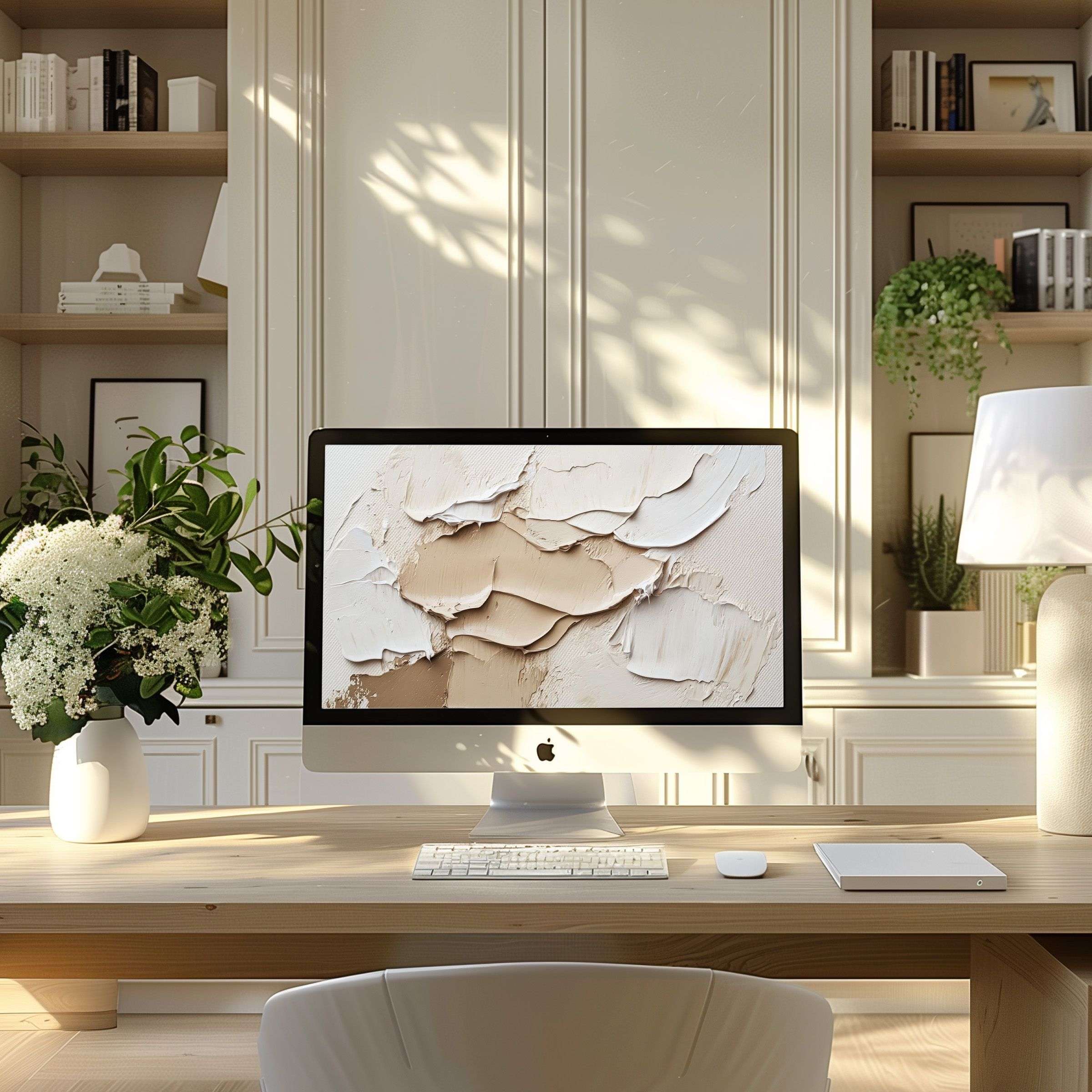 iMac on wooden desk in bright home office displaying a neutral wallpaper for Mac with layered beige and white abstract brushstrokes, creating a calm and minimalist aesthetic