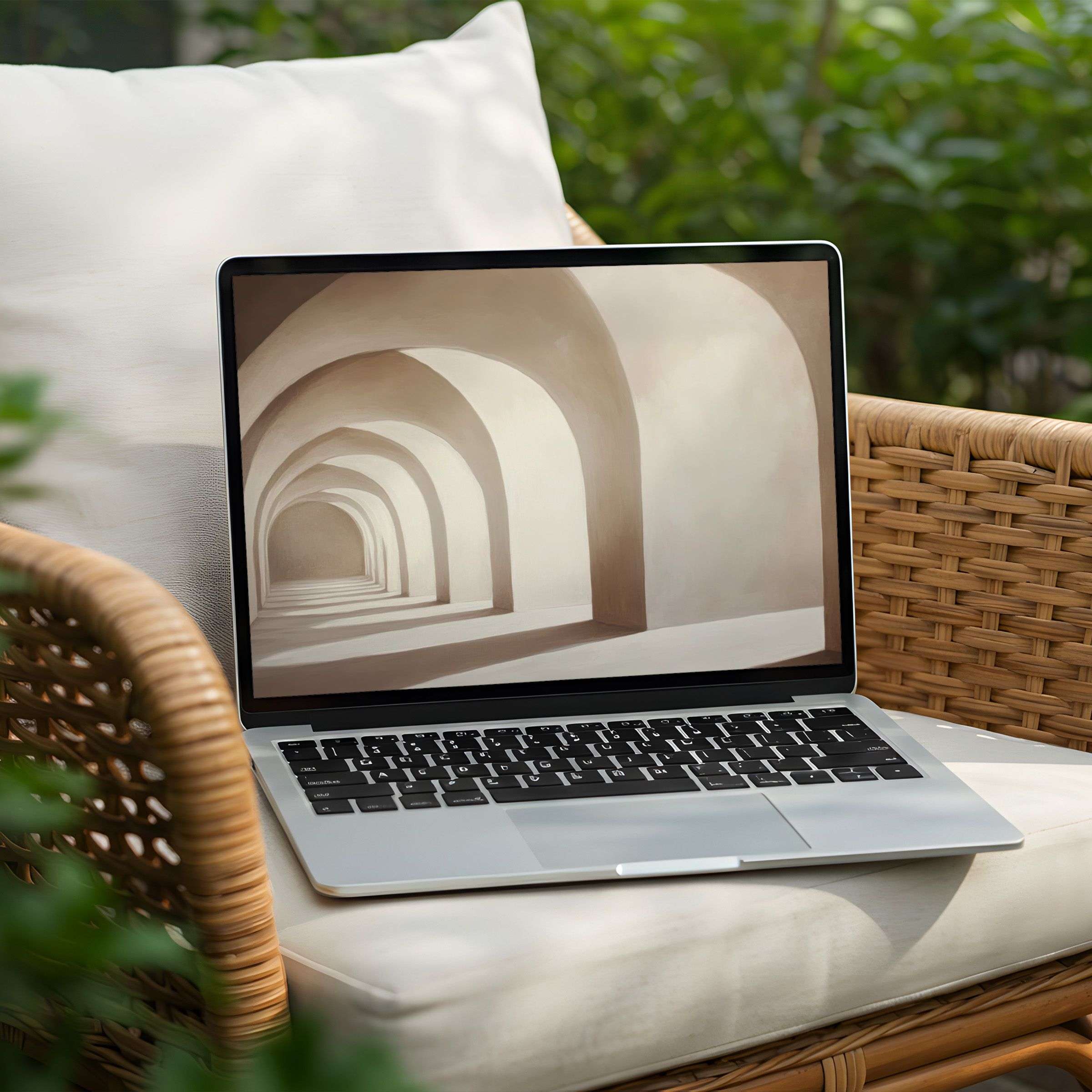 Arched corridor artwork on a PC laptop screen creates a serene desktop background for an inspiring instant download experience