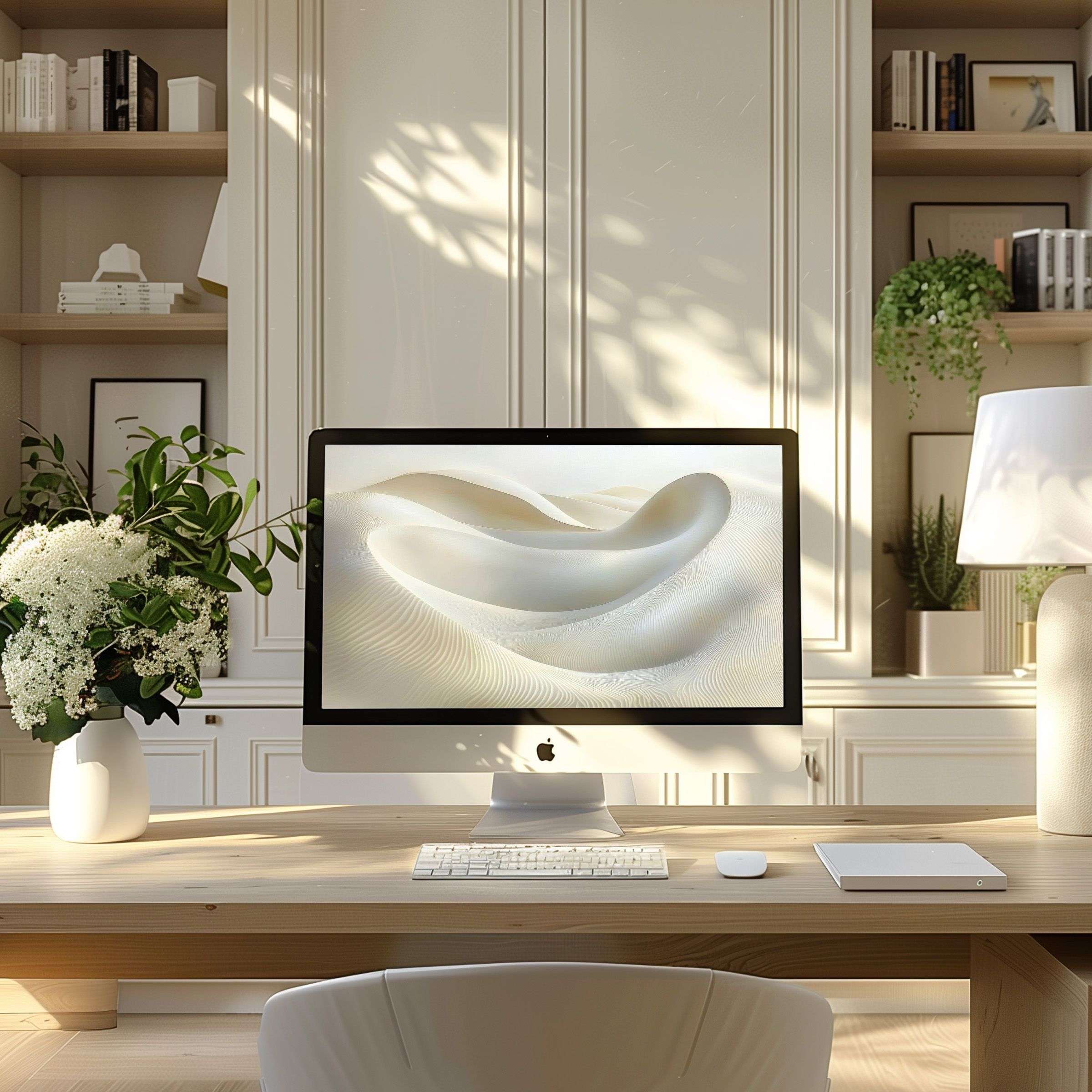 Elegant digital art in soft cream tones enhances a modern home office, ideal wallpaper for computer, PC, and laptop users