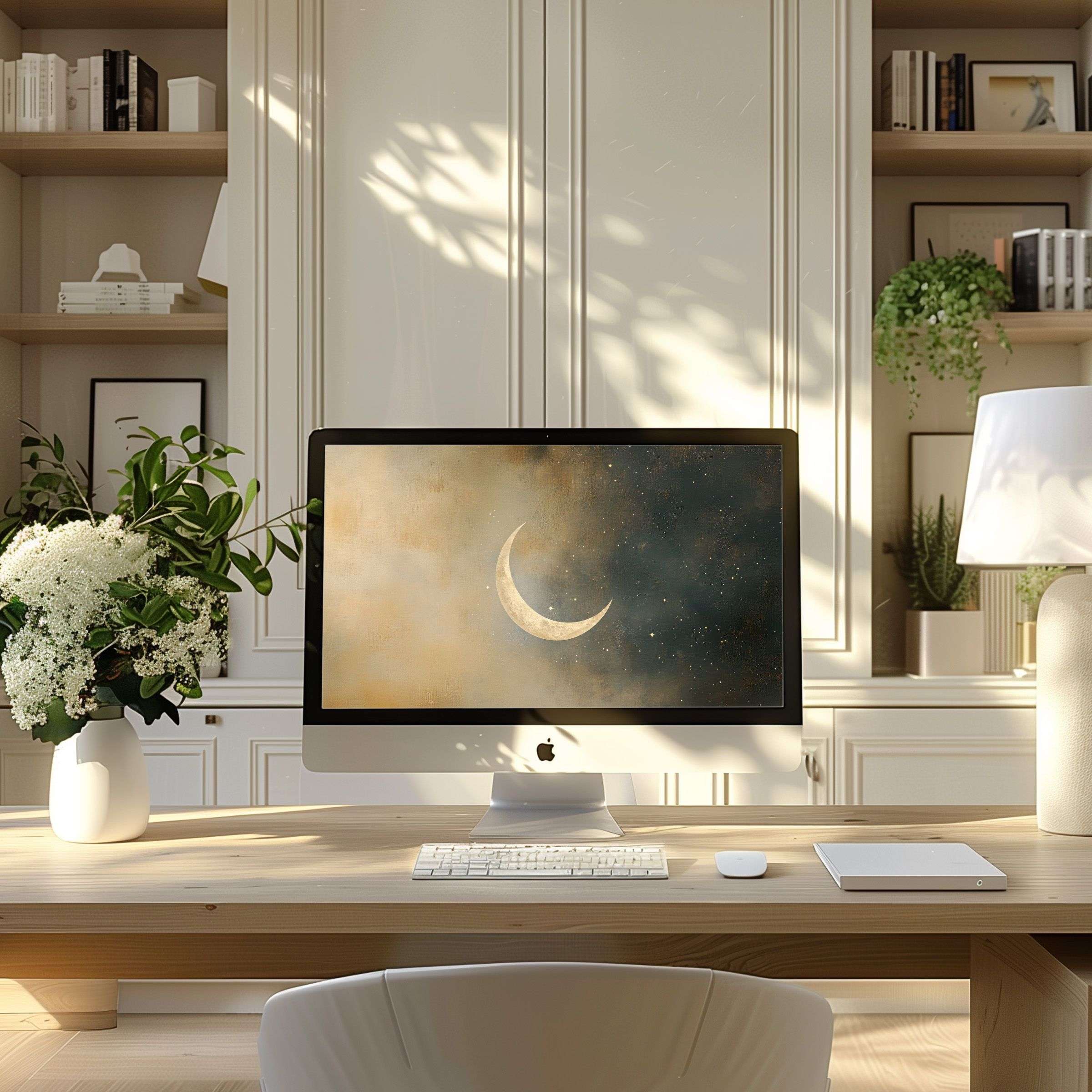 Elegant celestial digital art wallpaper for computer enhances PC or Laptop display, inspiring tranquility in modern home office settings