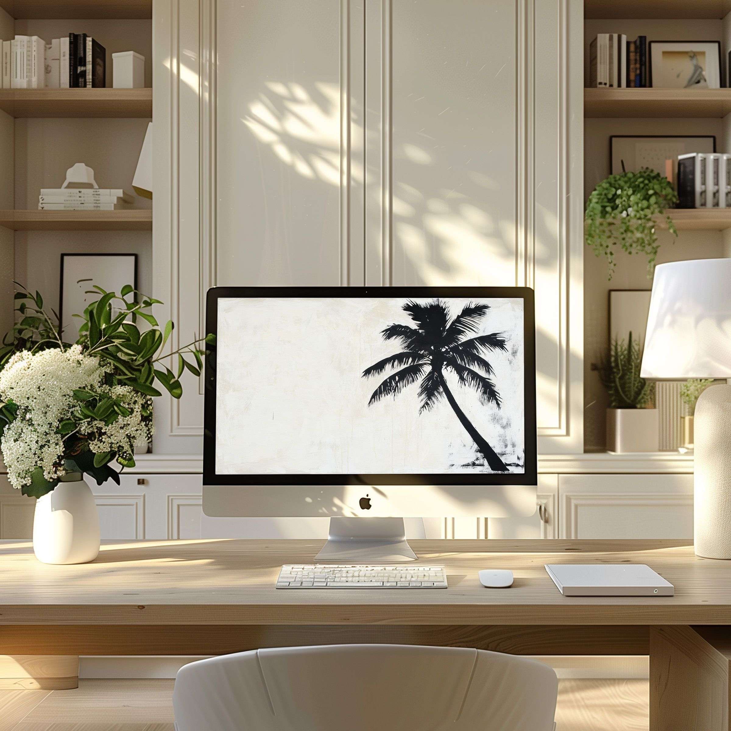 Elegant palm tree artwork creates calm, inspiring wallpaper for computer, enhancing any modern home office PC or laptop setup