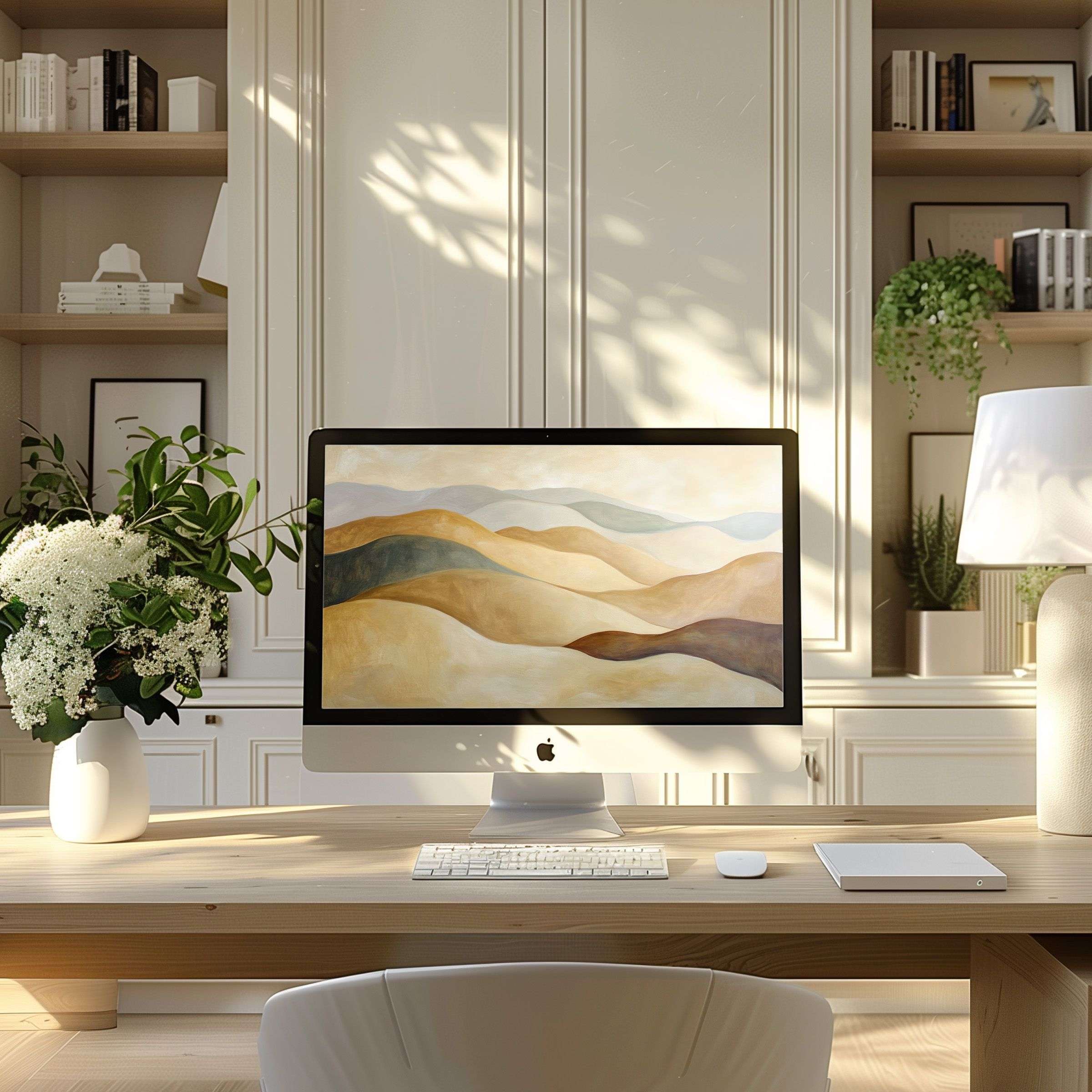 Elegant abstract waves in warm tones create a calming wallpaper for computer, perfect for PC or laptop in a modern home office
