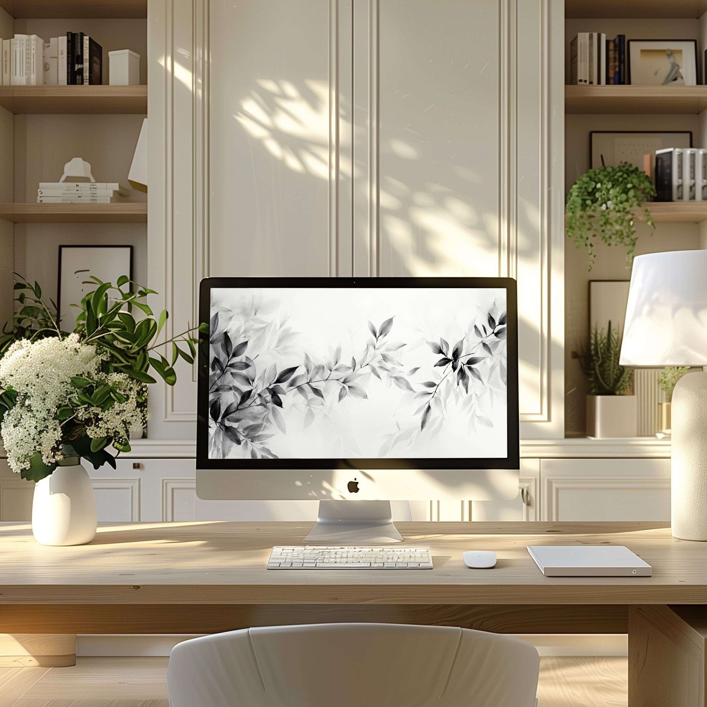 Elegant black-and-white leaf motif wallpaper for computer evokes calm and inspiration, suitable for PC, laptop, ultrawide screens