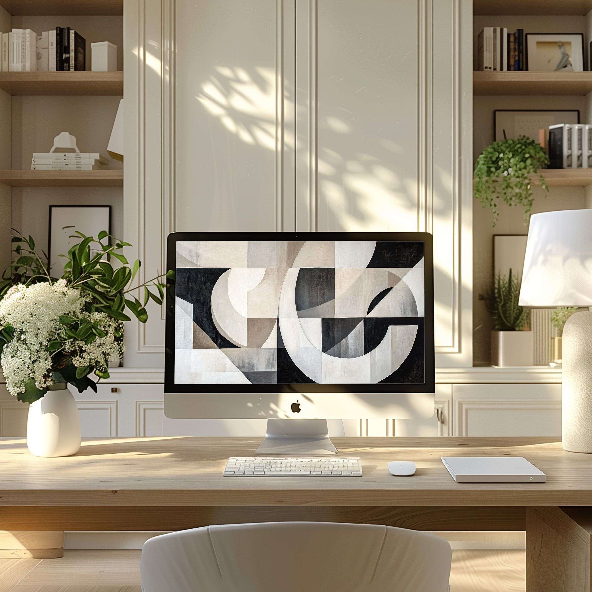 Modern abstract art wallpaper for computer in serene home office offers calm elegance; perfect for PC, laptop, digital download