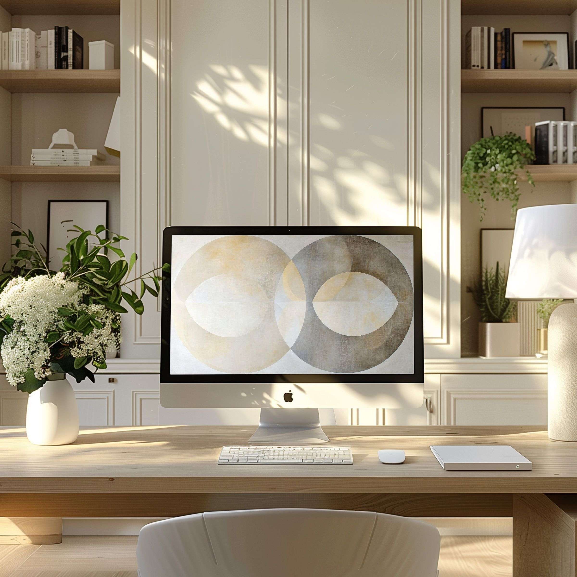 Elegant abstract circles in neutral tones as wallpaper for computer in a serene modern home office ideal for PC or Laptop