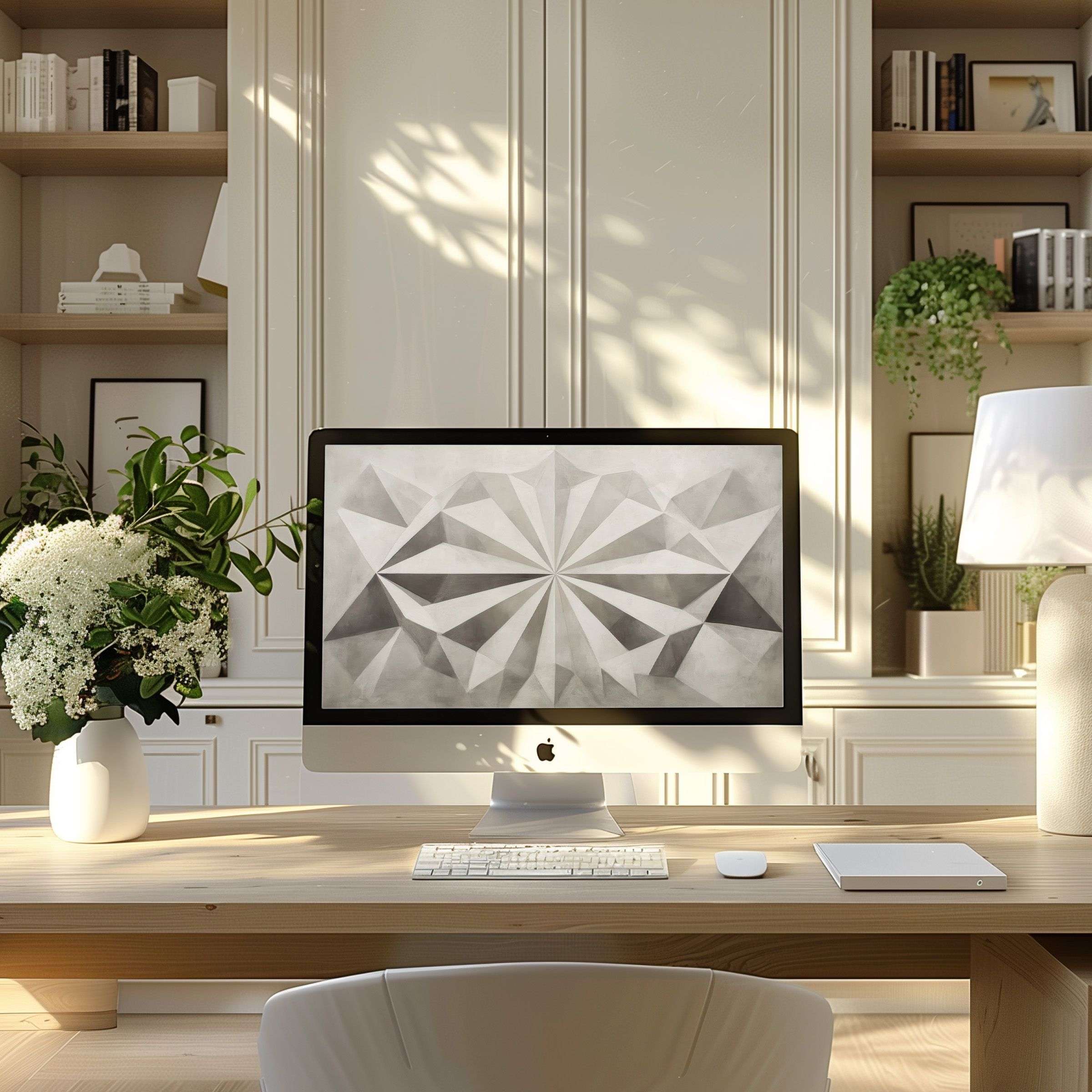 Elevate your workspace with this elegant black and white abstract wallpaper for computer PC or laptop in a modern home office setting