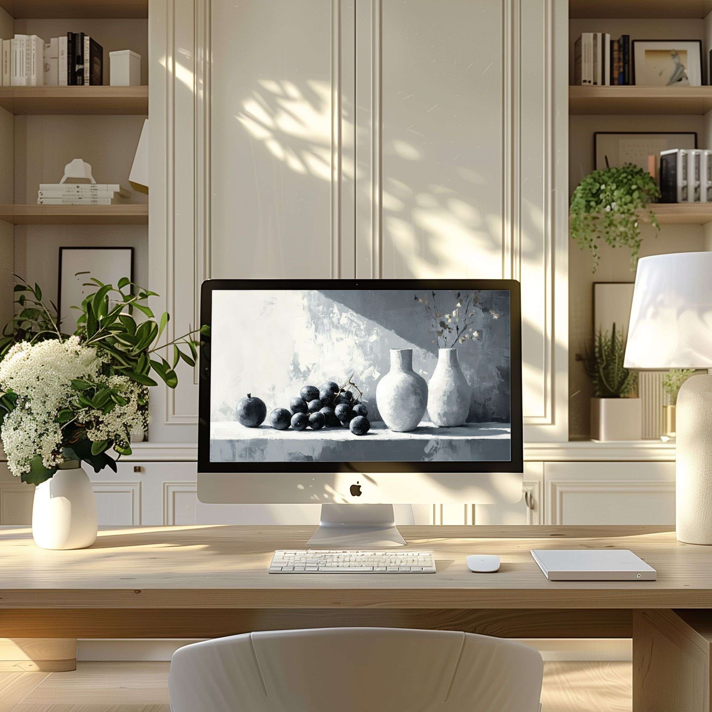 Elegant digital still life wallpaper for computer and laptop enhancing modern decor creating calm inspiration for PC ultrawide users