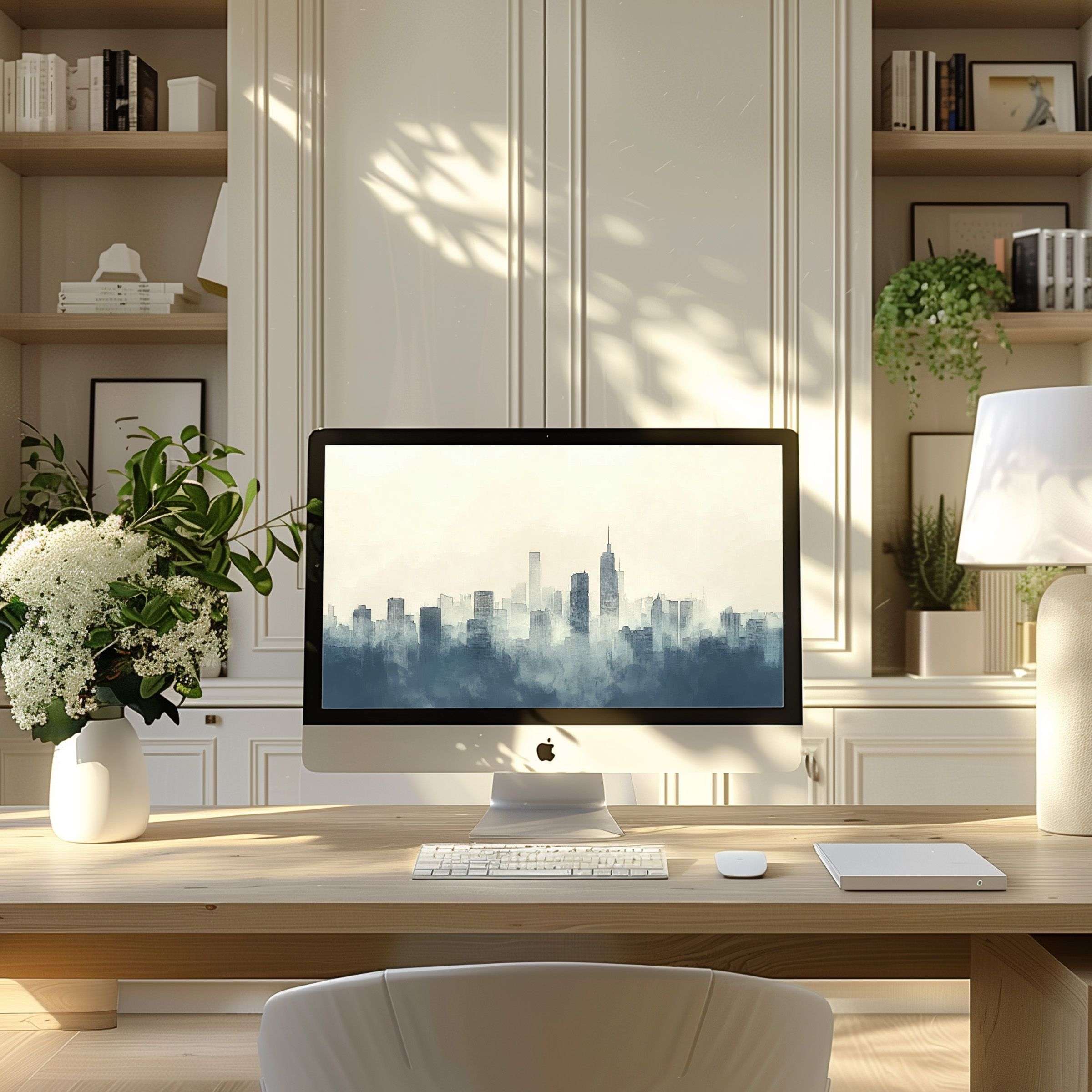 Modern cityscape artwork as wallpaper for computer adds calm sophistication to your PC or laptop, perfect for digital download