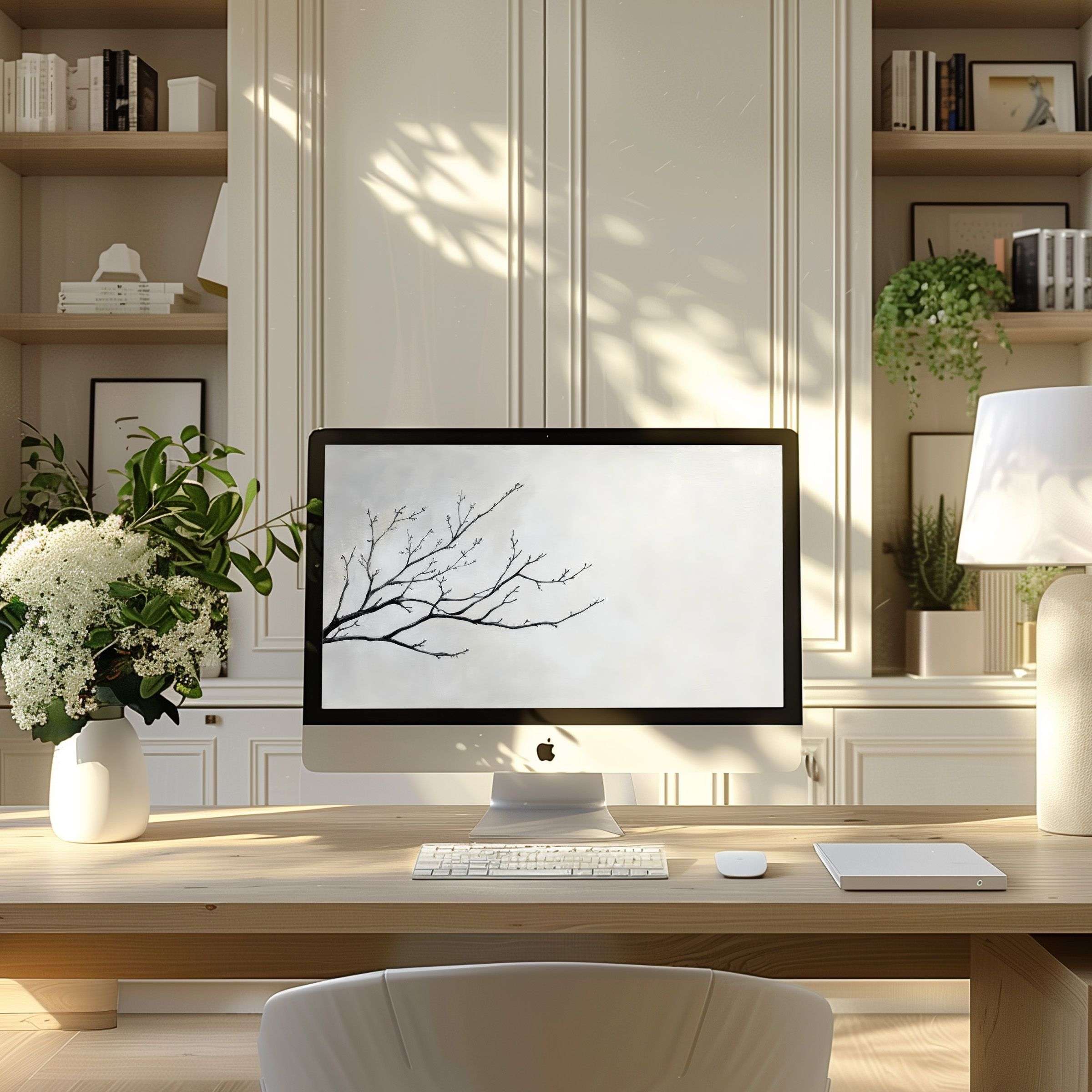 Elegant tree branch artwork wallpaper for computer transforming a modern home office with calm and inspiration on PC or Laptop