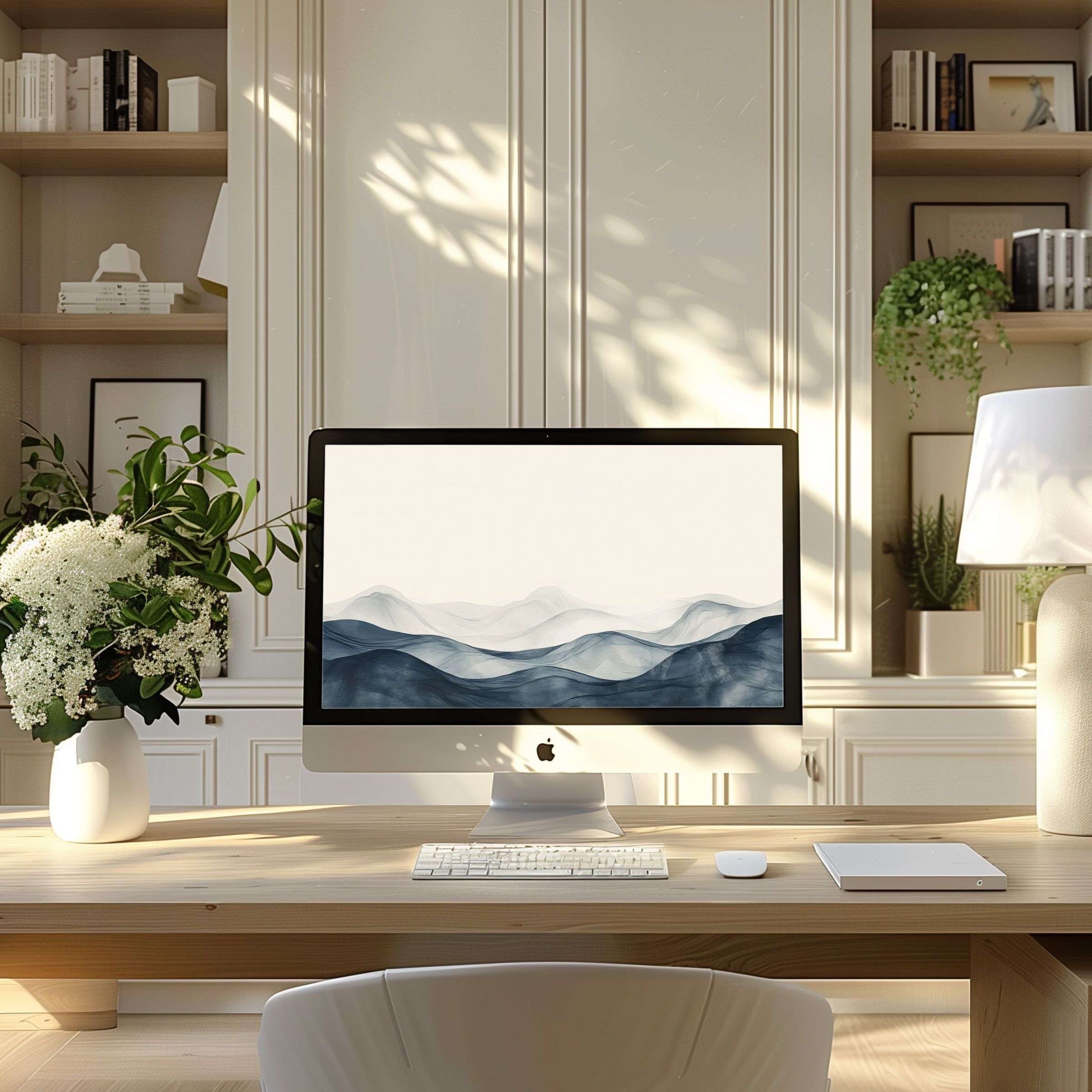 Elegant blue waves digital artwork as wallpaper for computer, PC, and laptop, enhancing modern home office with calm inspiration