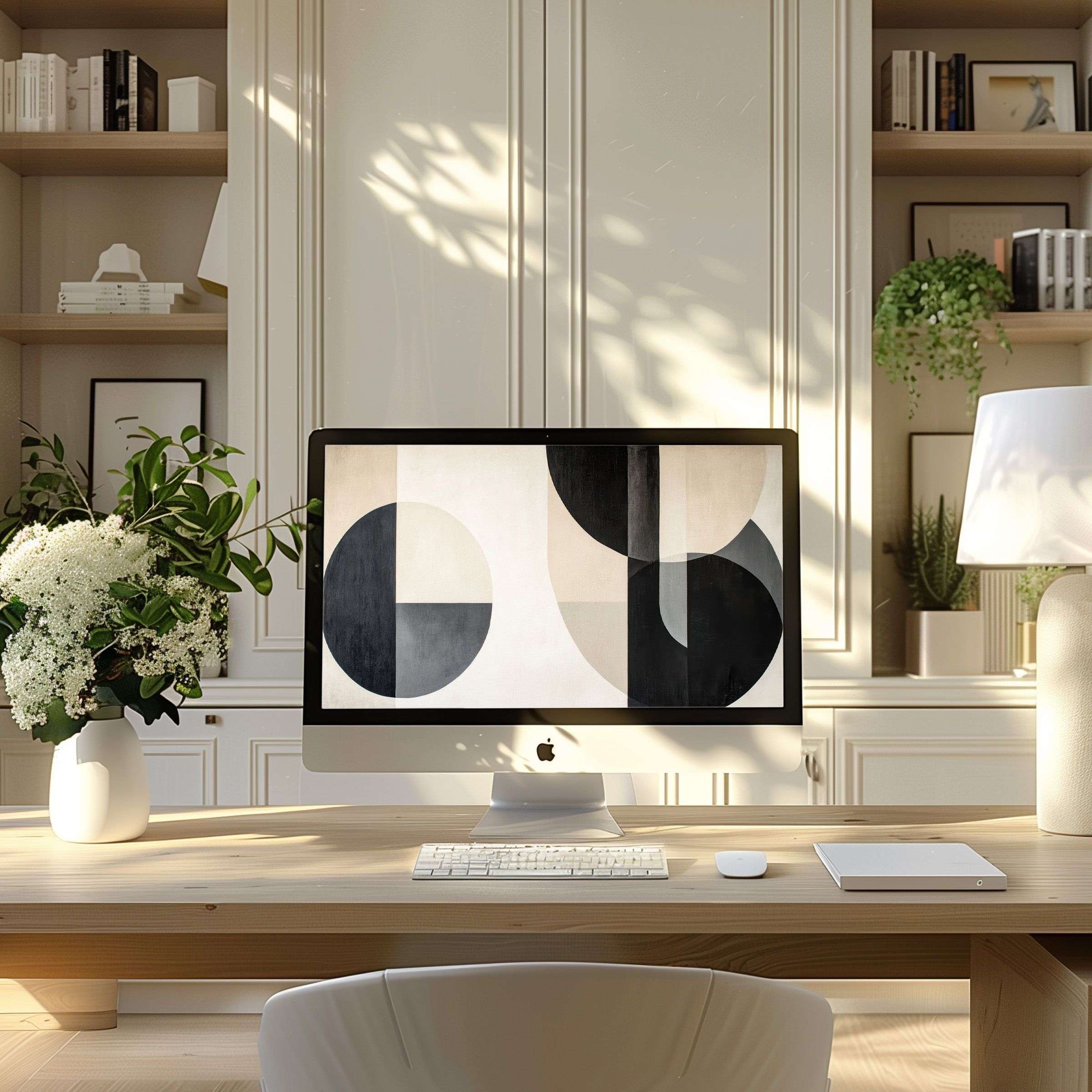 Elegant geometric digital art as wallpaper for computer brings calm inspiration to modern home office for PC and Laptop display