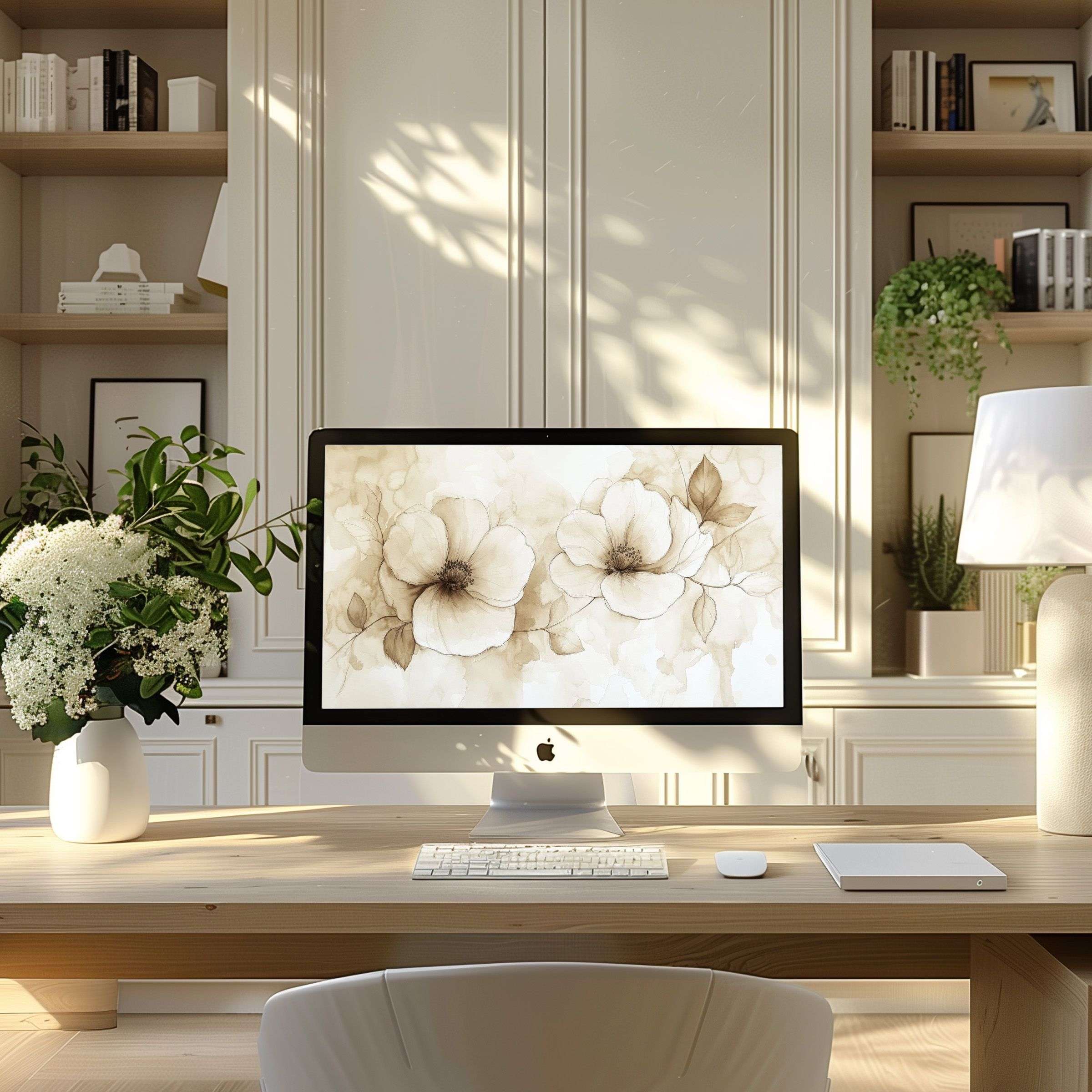 Elegant floral wallpaper for computer and laptop, perfect for modern PC setups in calm, inspiring home offices, digital download