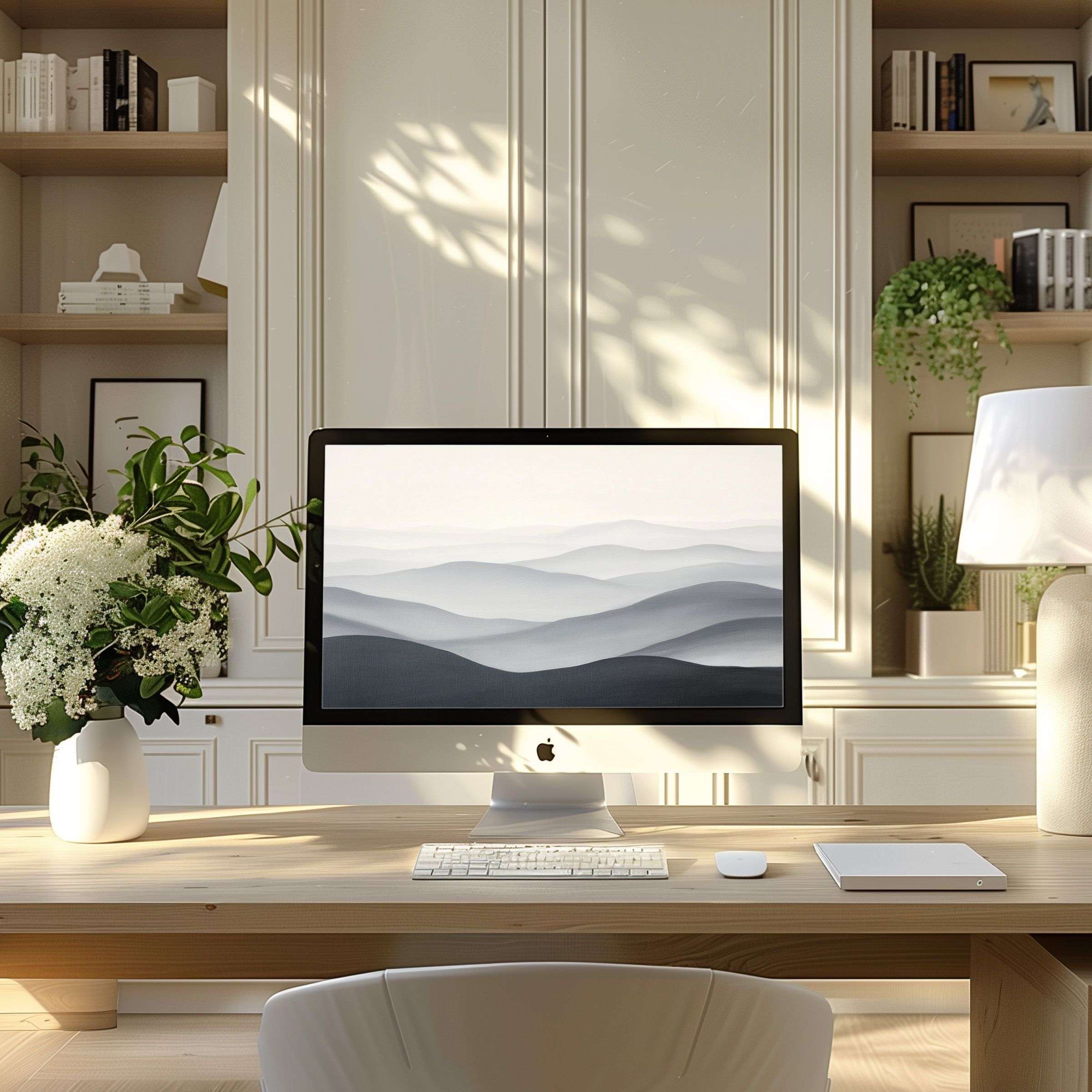 Elegant mountain-inspired wallpaper for computer in a serene home office elevating PC and Laptop aesthetics with calm elegance