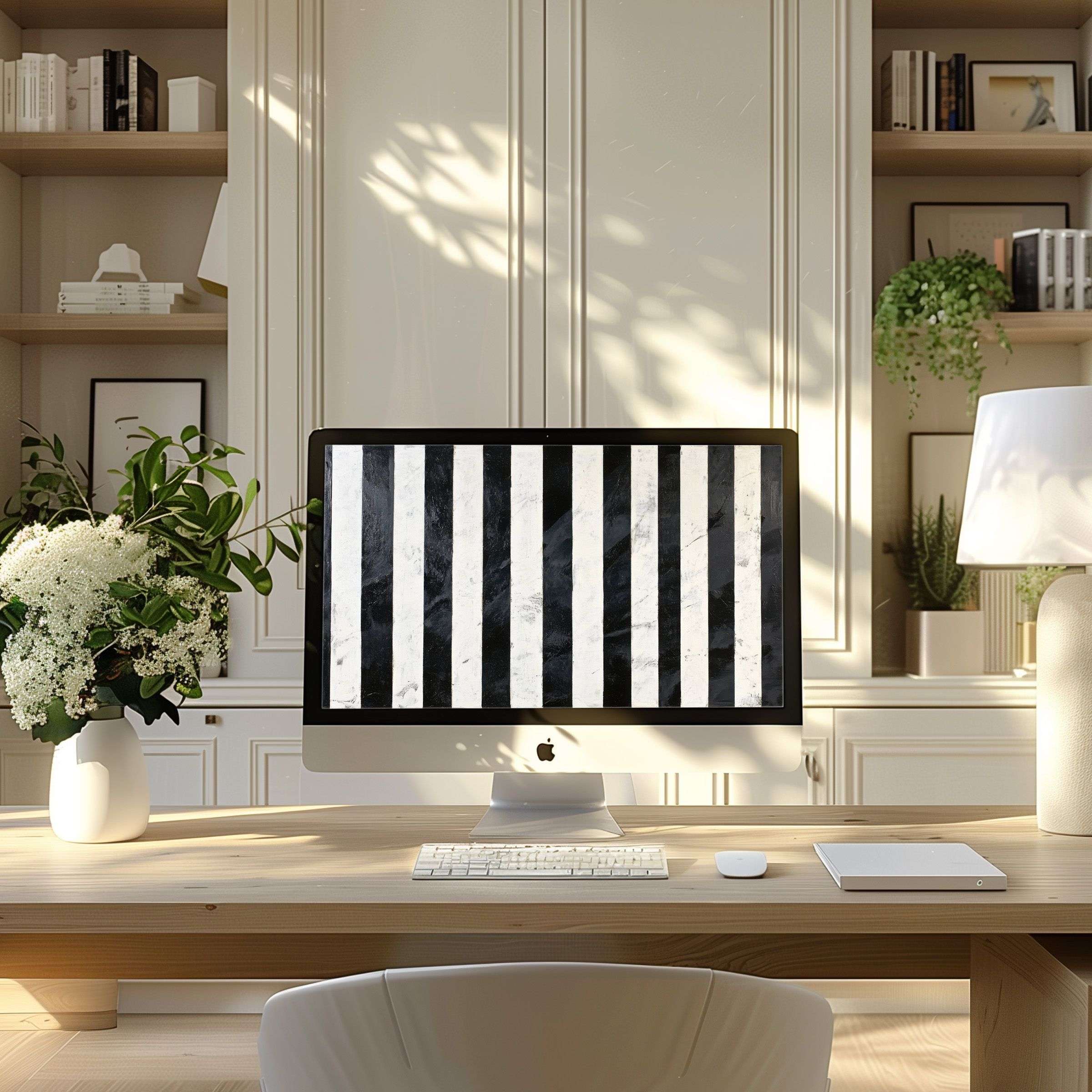Elegant black and white striped wallpaper for computer brings calm and inspiration to any PC or laptop in a modern home office