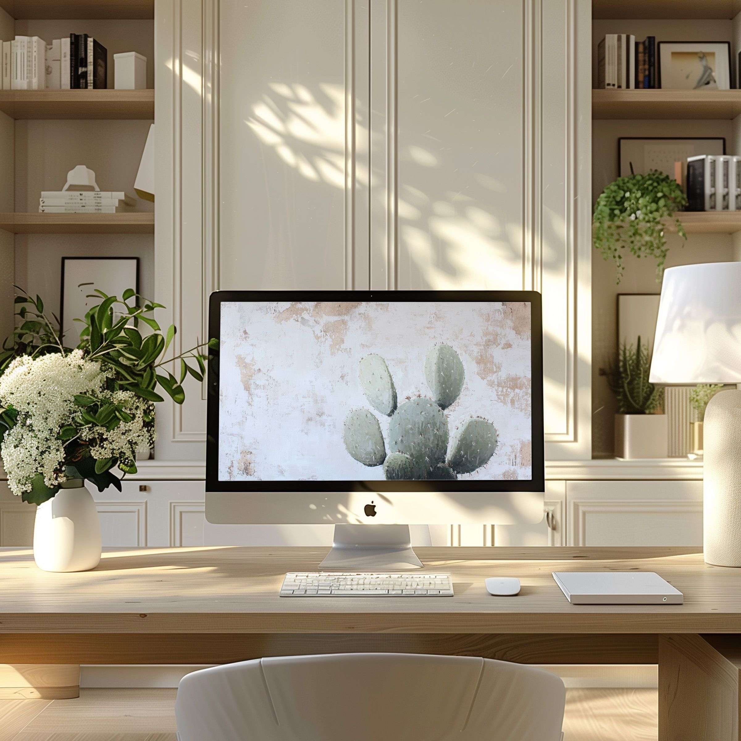 Elegant cactus-themed wallpaper for computer brings calm to a modern home office, ideal for PC or laptop use, inspiring digital download