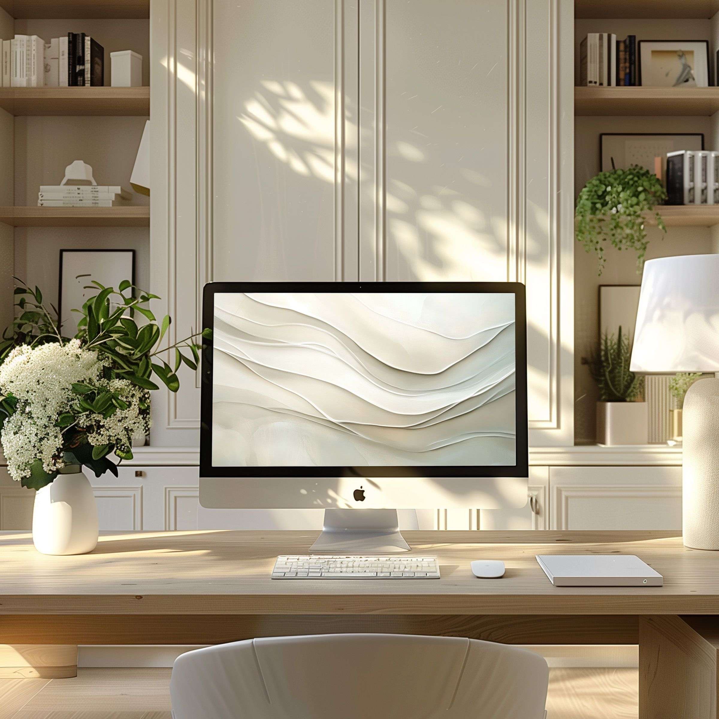 Elevate your PC and laptop with this inspiring wallpaper for computer featuring elegant beige waves in a serene modern home office