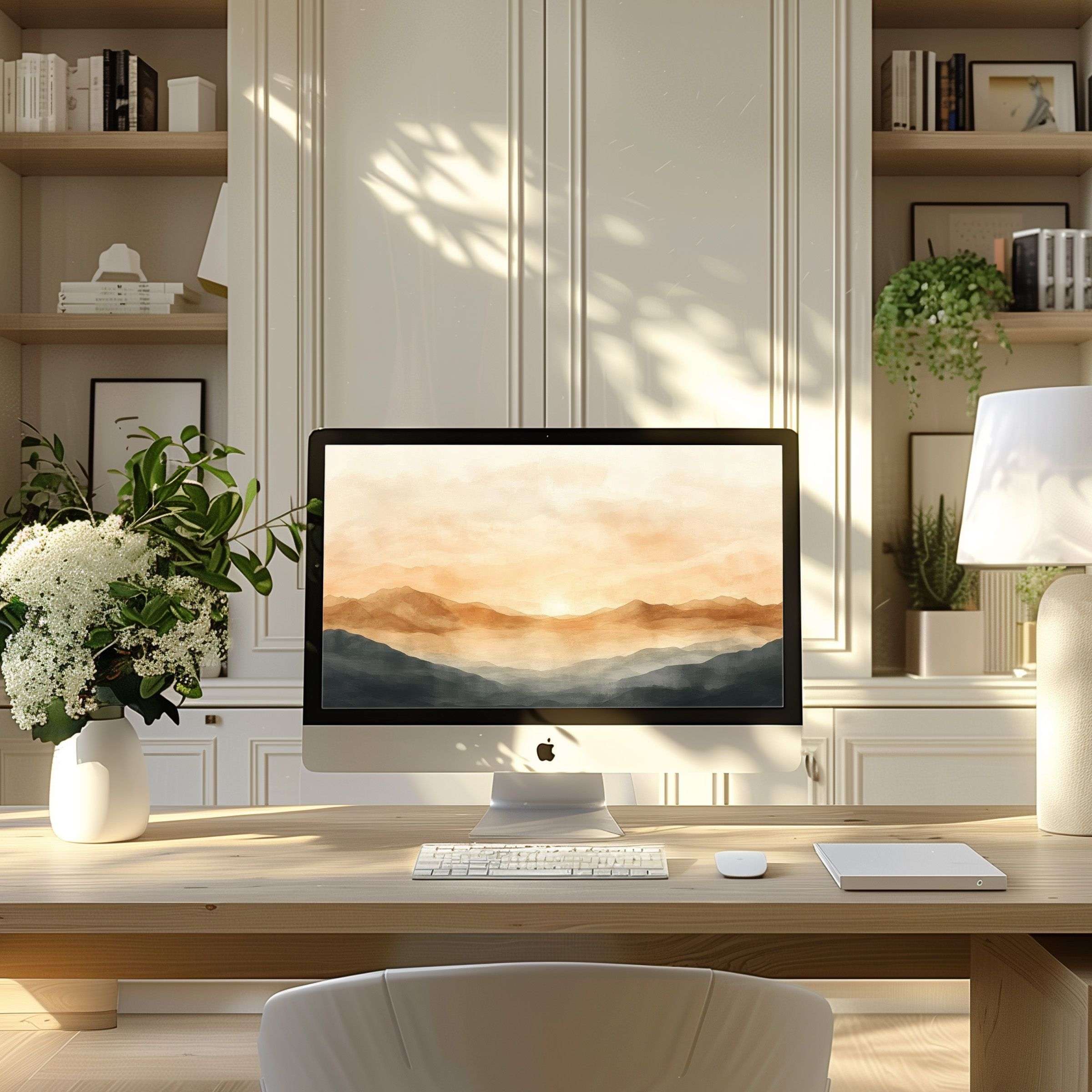 Elegant mountain landscape wallpaper for computer enhances calm, sophisticated home office setting suitable for PC and Laptop use