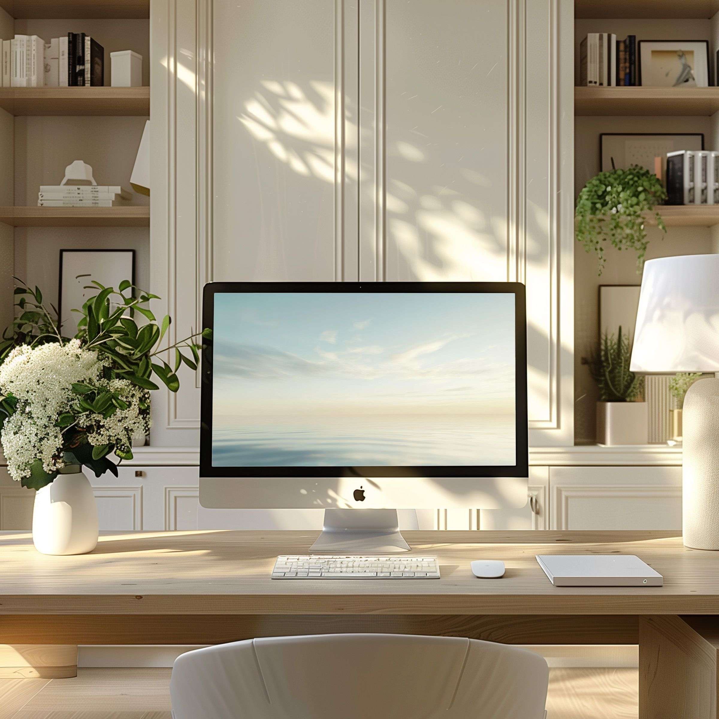 Elegant wallpaper for computer featuring serene seascape, perfect for PC or laptop in a modern home office, digital download