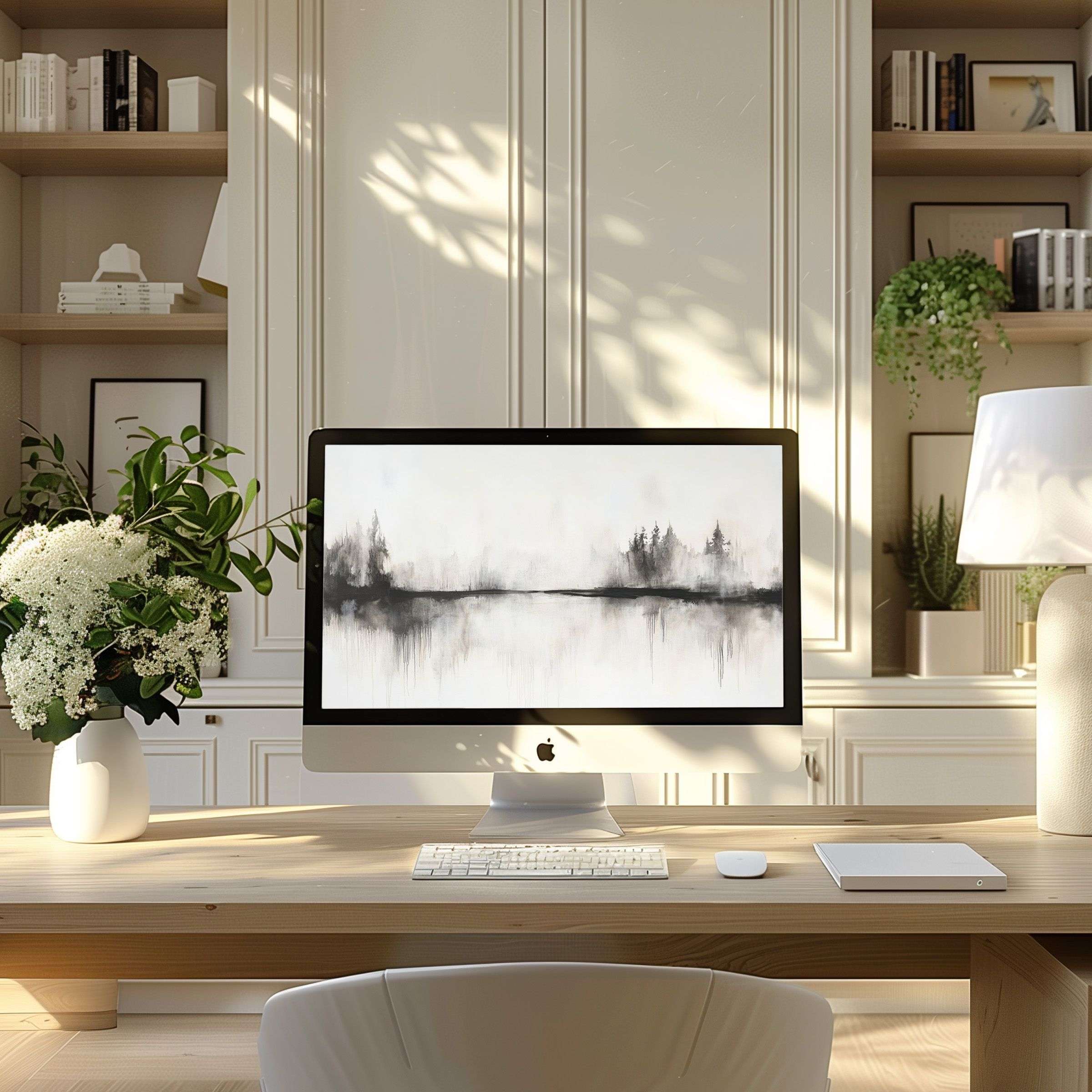 Elegant monochrome forest motif wallpaper for computer creating calm inspiration in modern home office setup for PC or laptop use