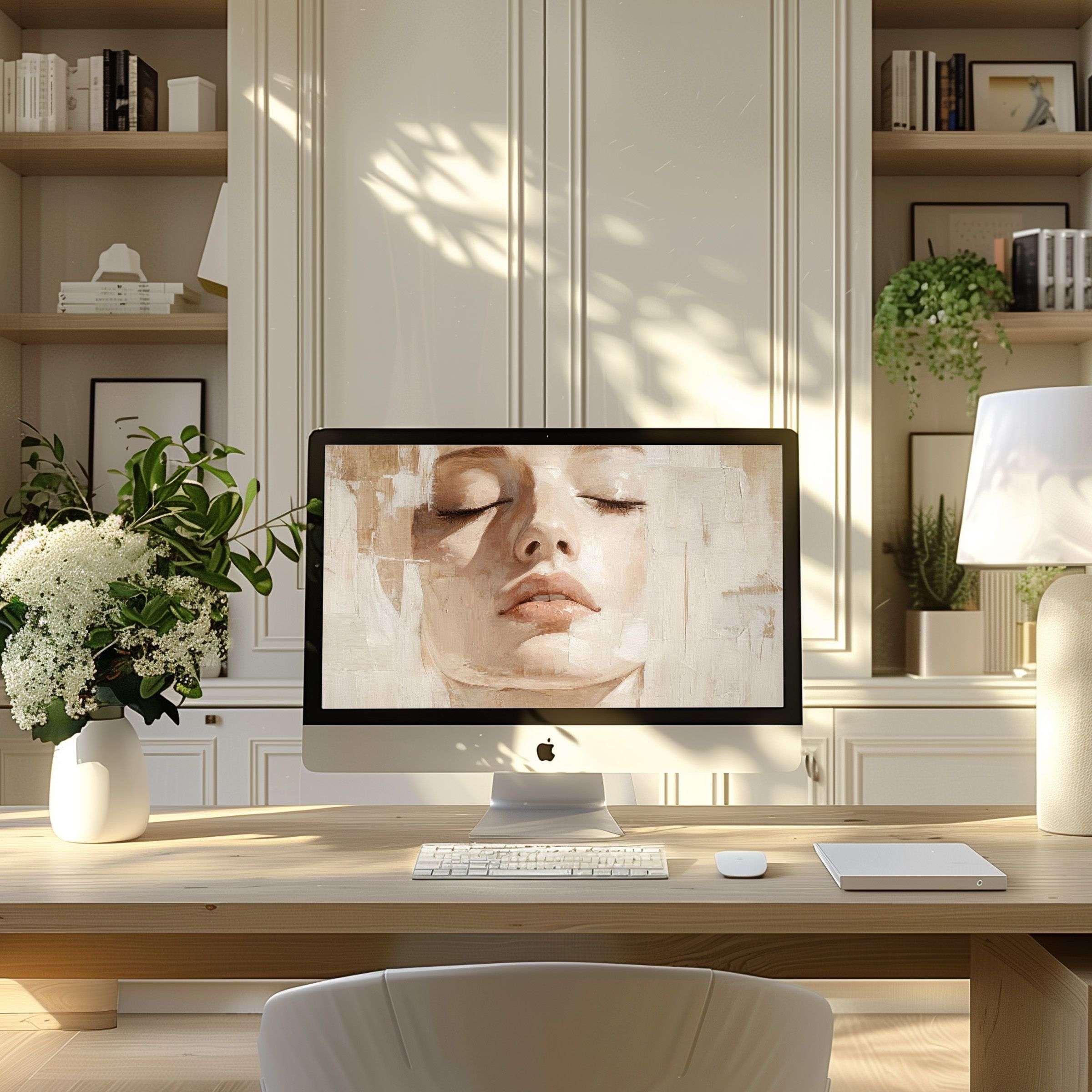 Elegant digital art featuring serene face in soft tones as wallpaper for computer in chic modern home office for PC or Laptop