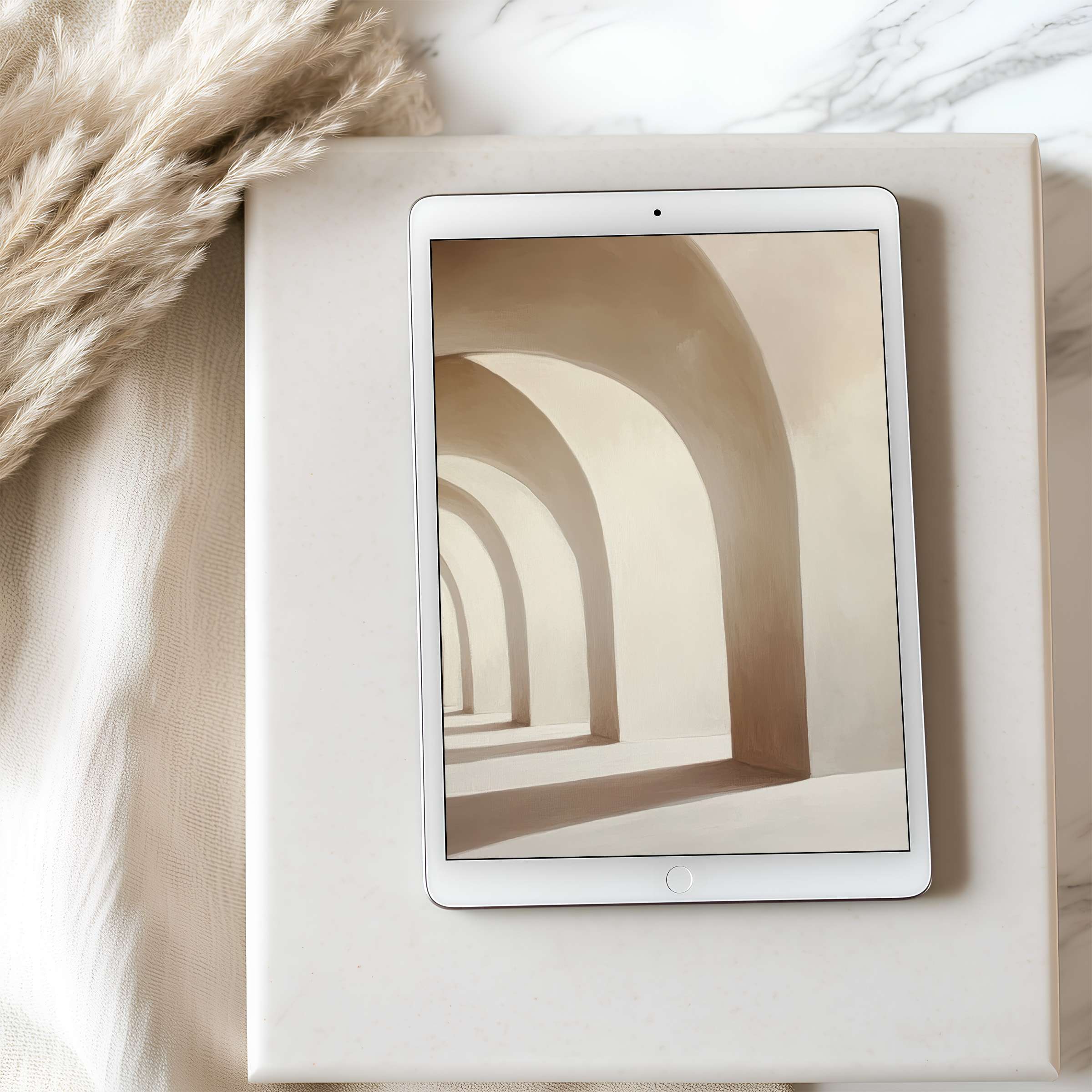 Elegant arches and soft neutral tones create a serene tablet wallpaper, perfect for high-resolution iPad and Android digital downloads