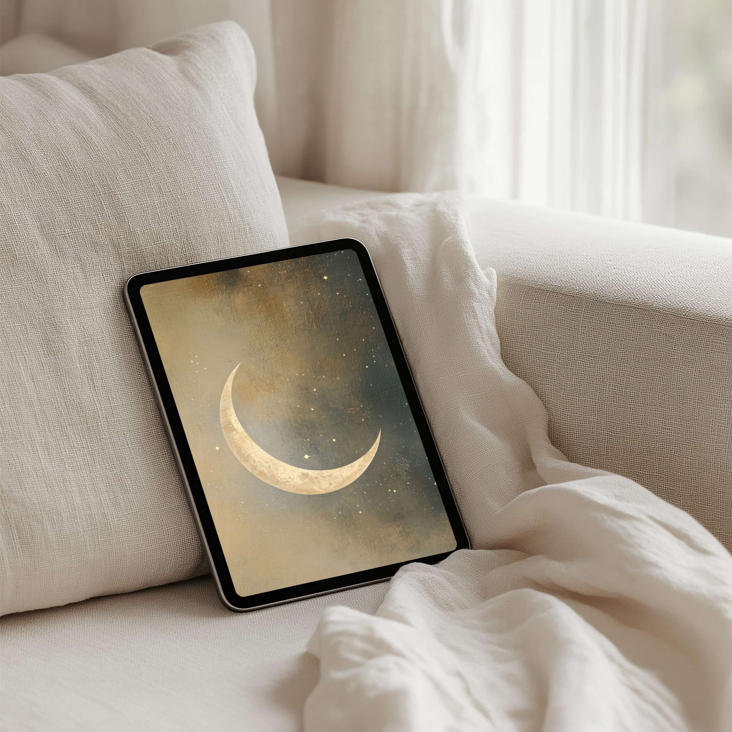 Elevate your tablet with this serene crescent moon iPad background for instant download blending elegance and mindfulness in any space