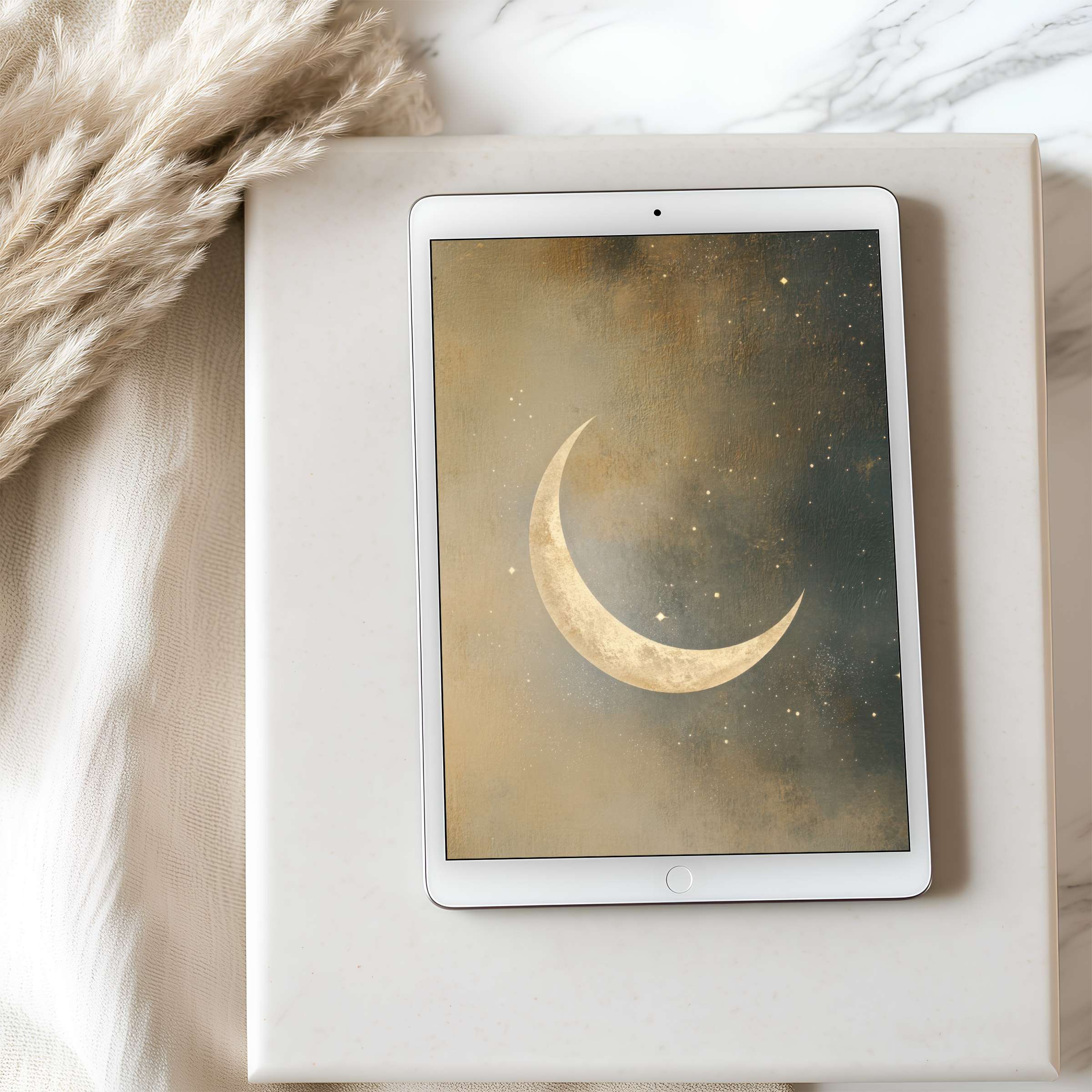 Elegant tablet wallpaper features a serene crescent moon against a starlit sky, perfect for iPad download and design-conscious spaces