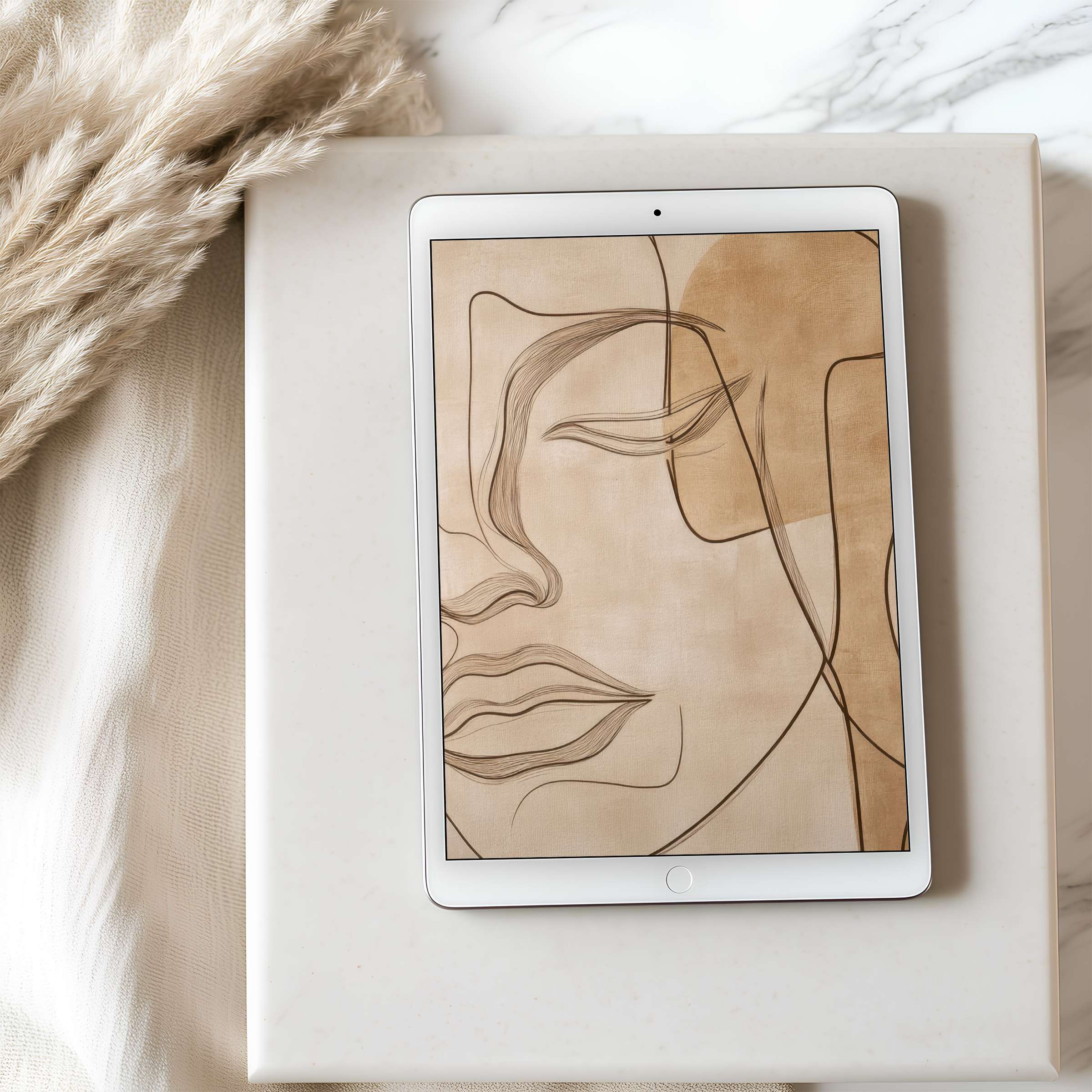 Elegant line art on a tablet wallpaper evokes serenity, offering a curated high resolution digital download for iPad and Android tablets