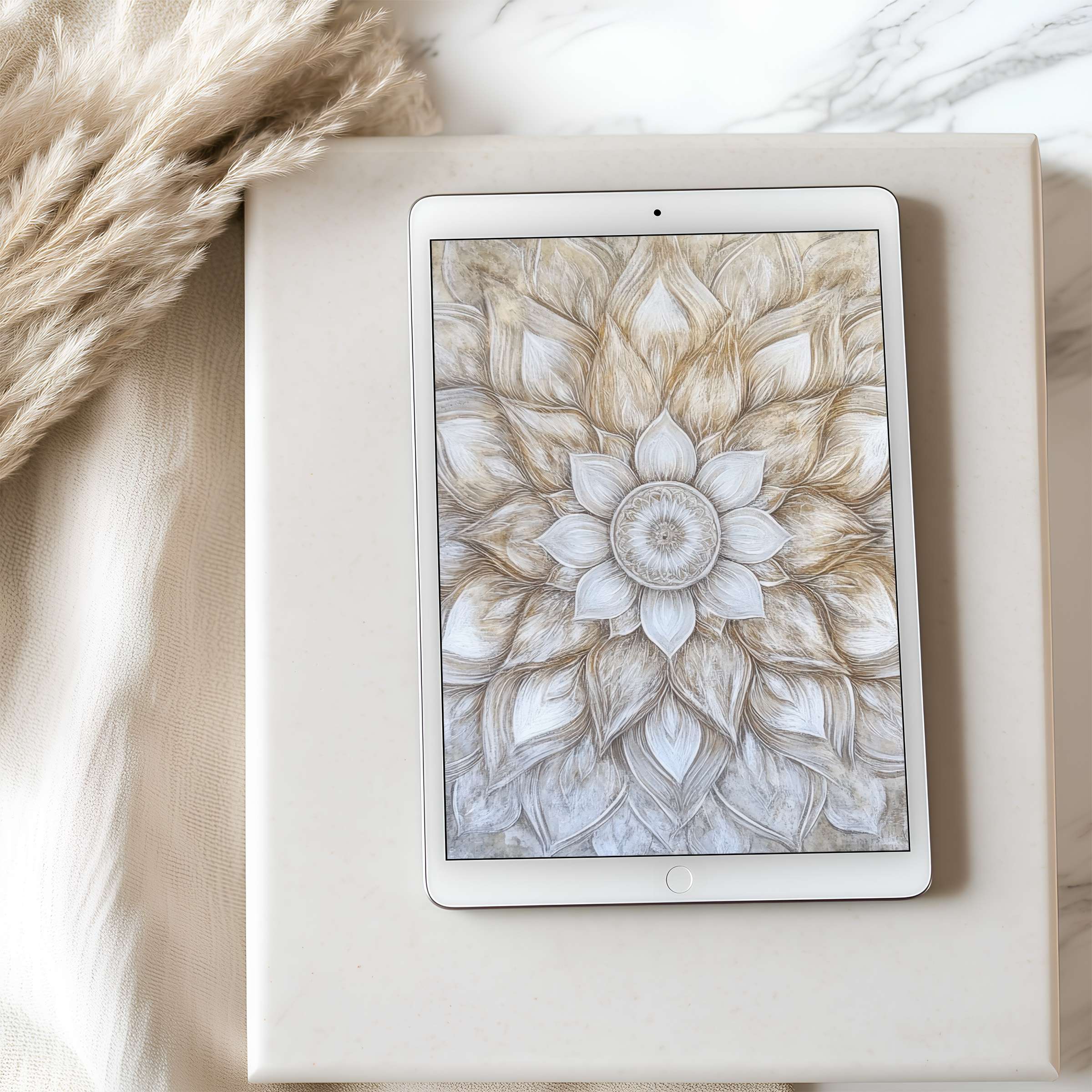 Elegant mandala design as a tablet wallpaper on iPad in serene beige and white tones brings calm and beauty to any space