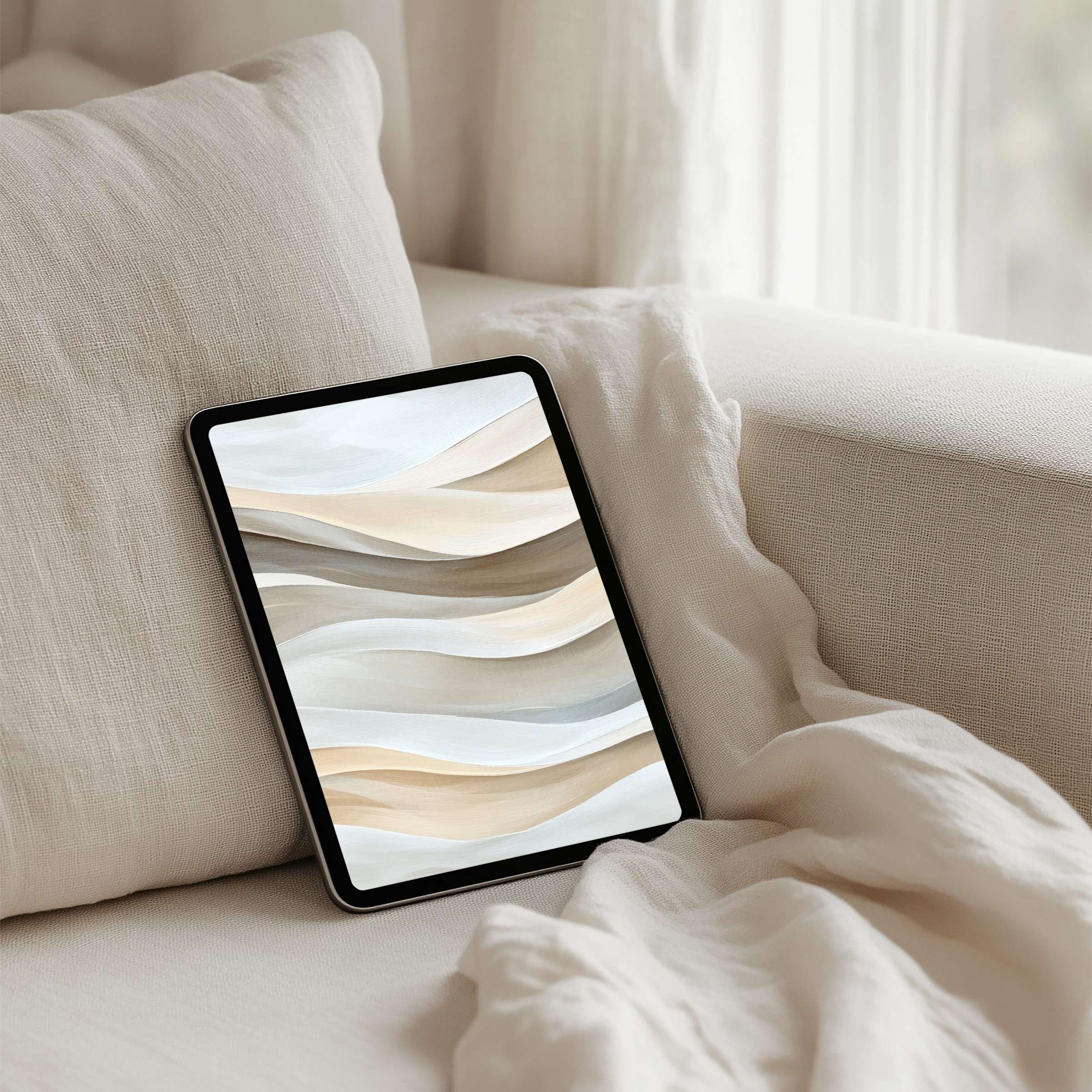 Elegant iPad background with soothing beige and gray waves for instant download, enhancing calm and inspiration on any tablet