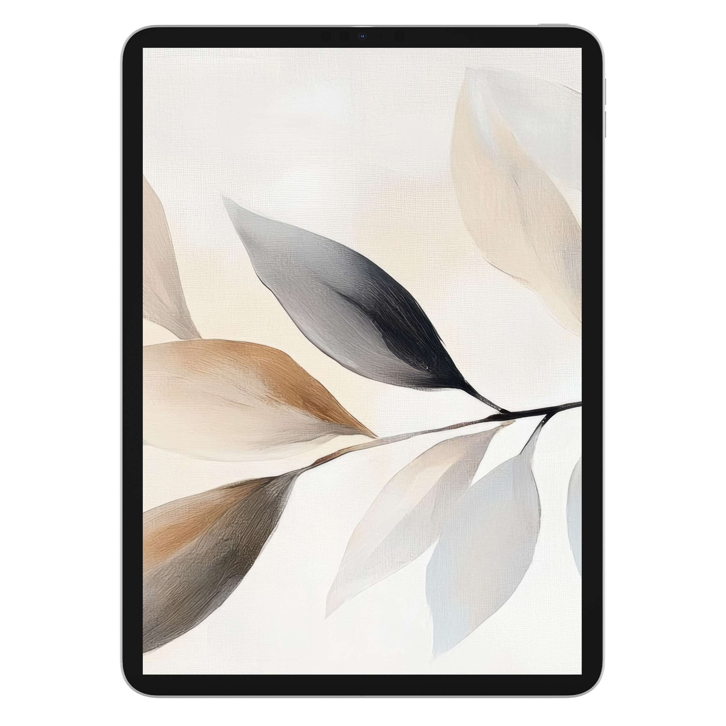 Elegant neutral iPad wallpaper with soft leaves in earthy tones for tablet background as digital download, evoking calm sophistication