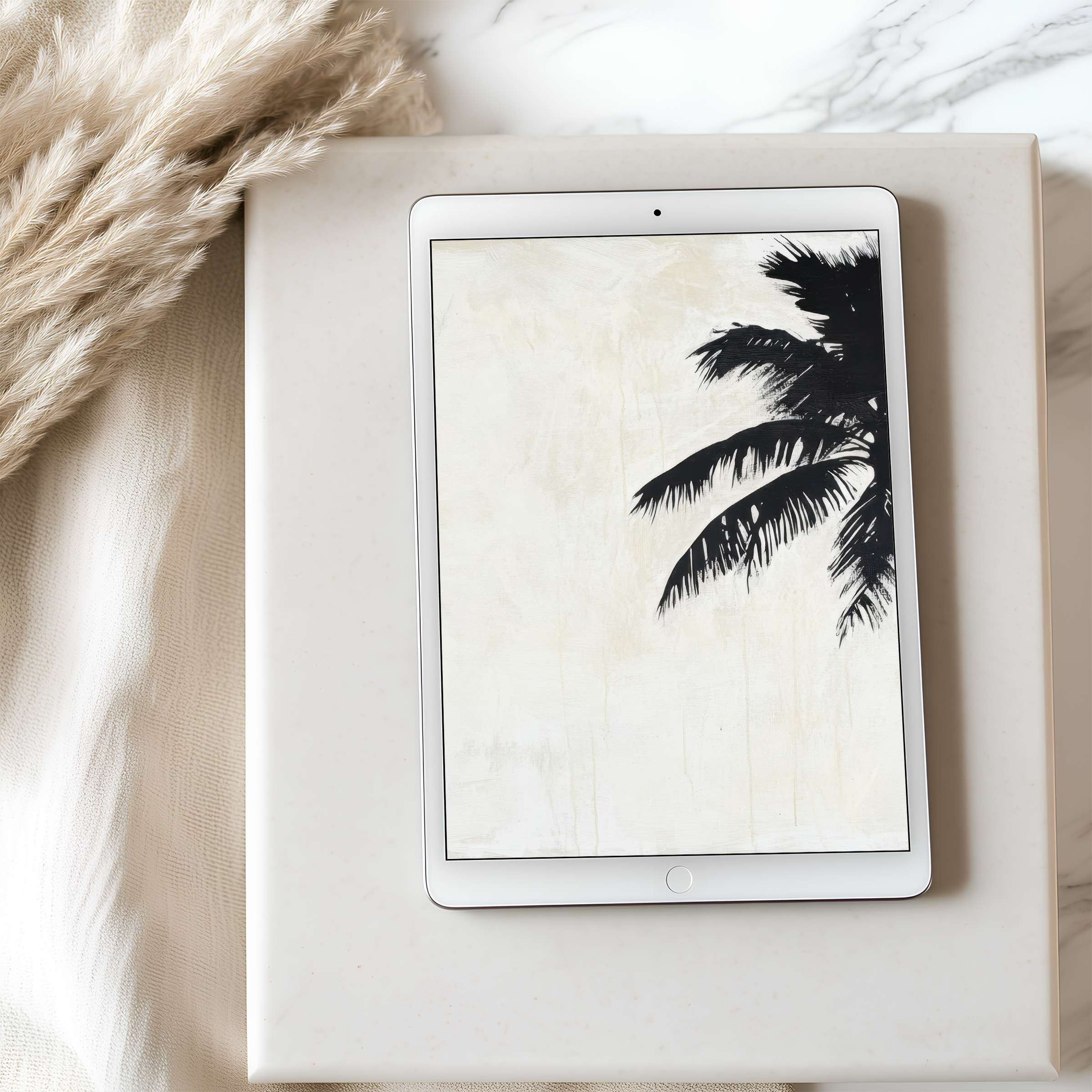 Elegant palm silhouette on beige tablet wallpaper enhances calm interiors available for high resolution iPad or Android digital download