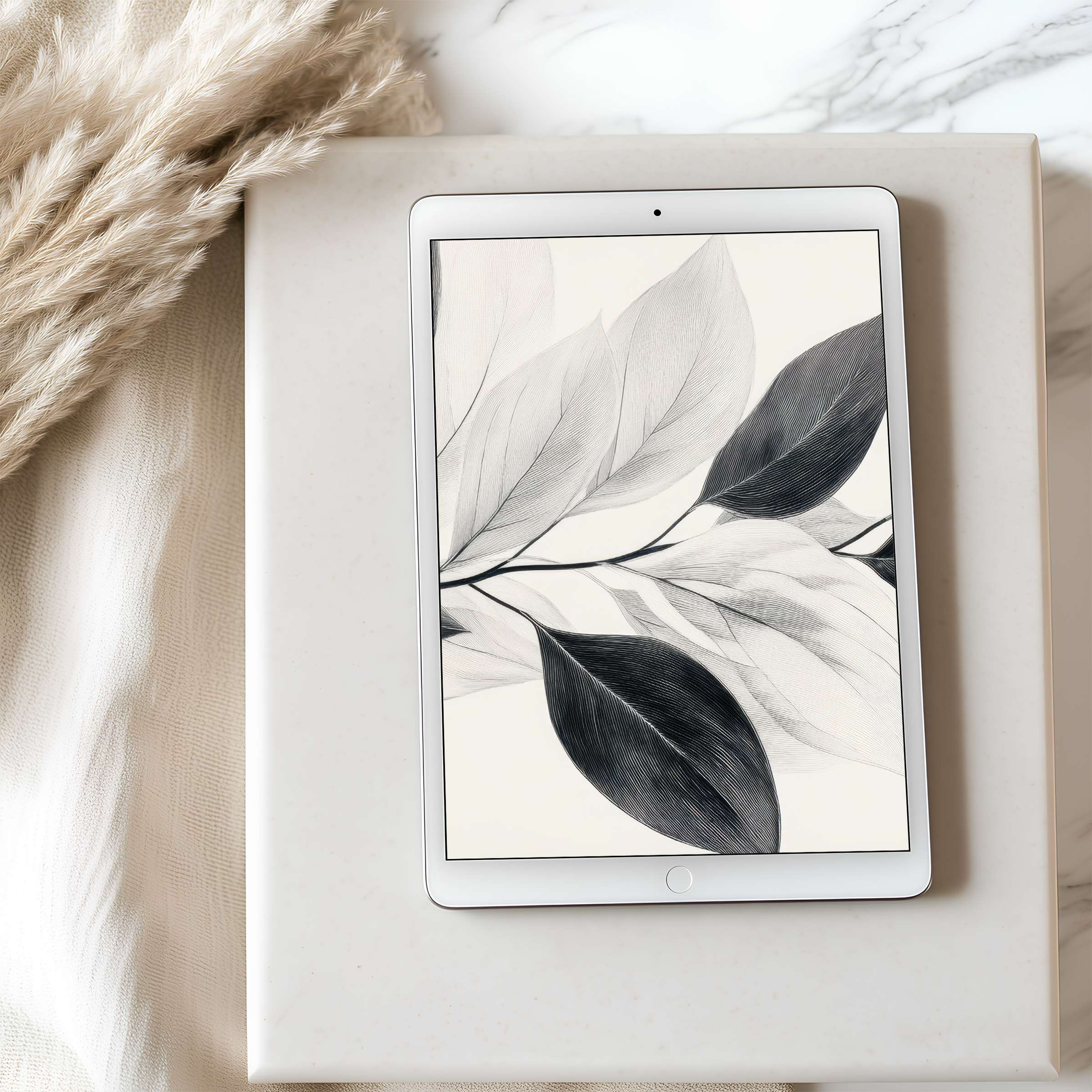 Elegant black and white leaf design tablet wallpaper in high resolution brings calm aesthetics to iPad and Android tablets digital download
