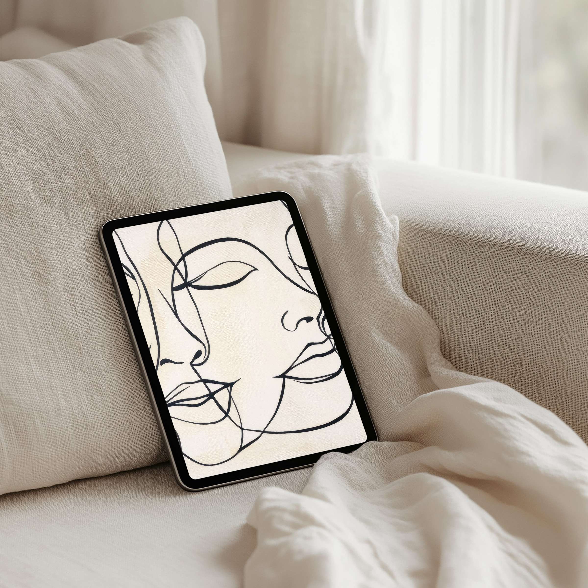 Elegant abstract line art on an iPad background in a serene, neutral setting for instant download to any tablet device