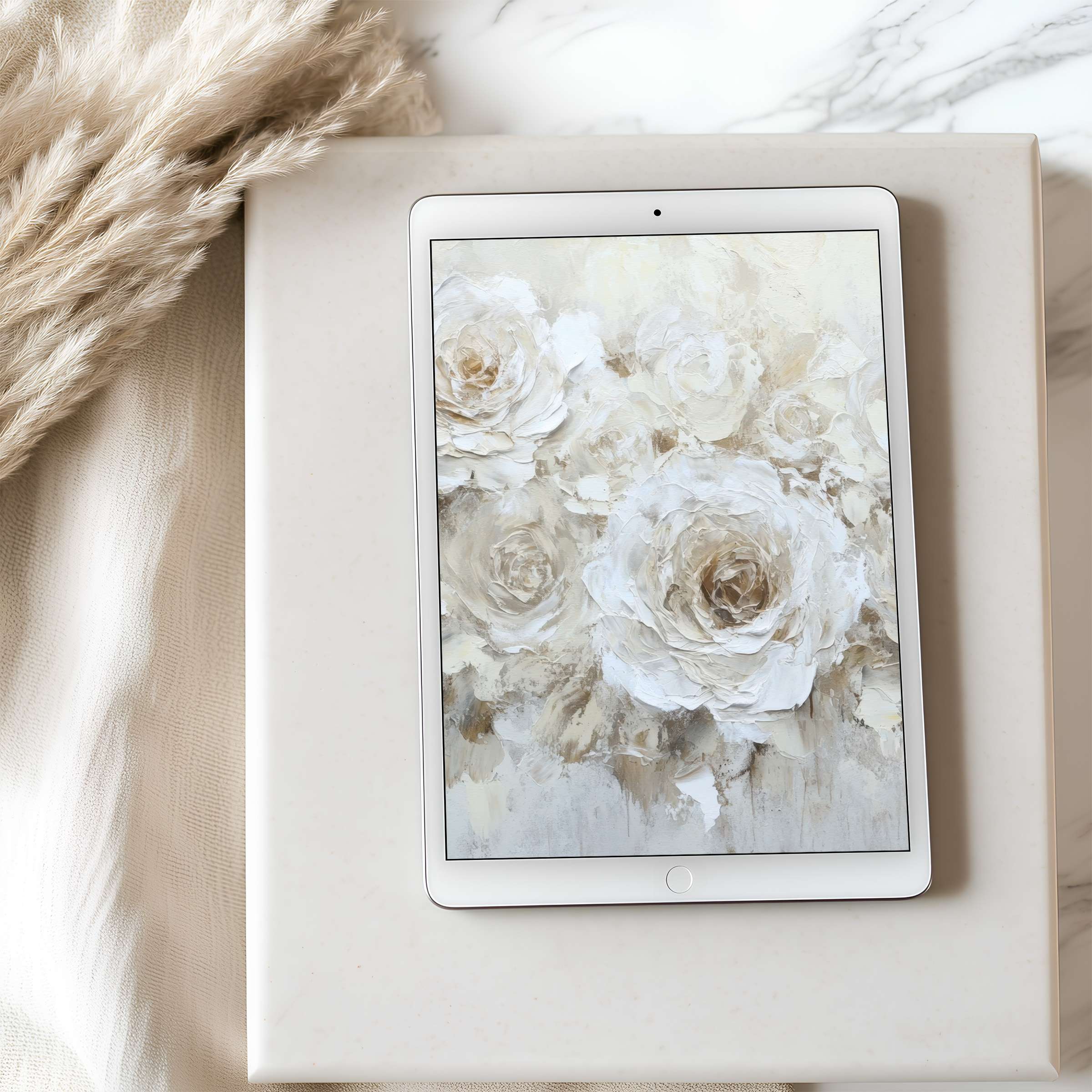 Elegant white rose tablet wallpaper offers high resolution art, perfect for iPad and Android, enhancing your digital calm space