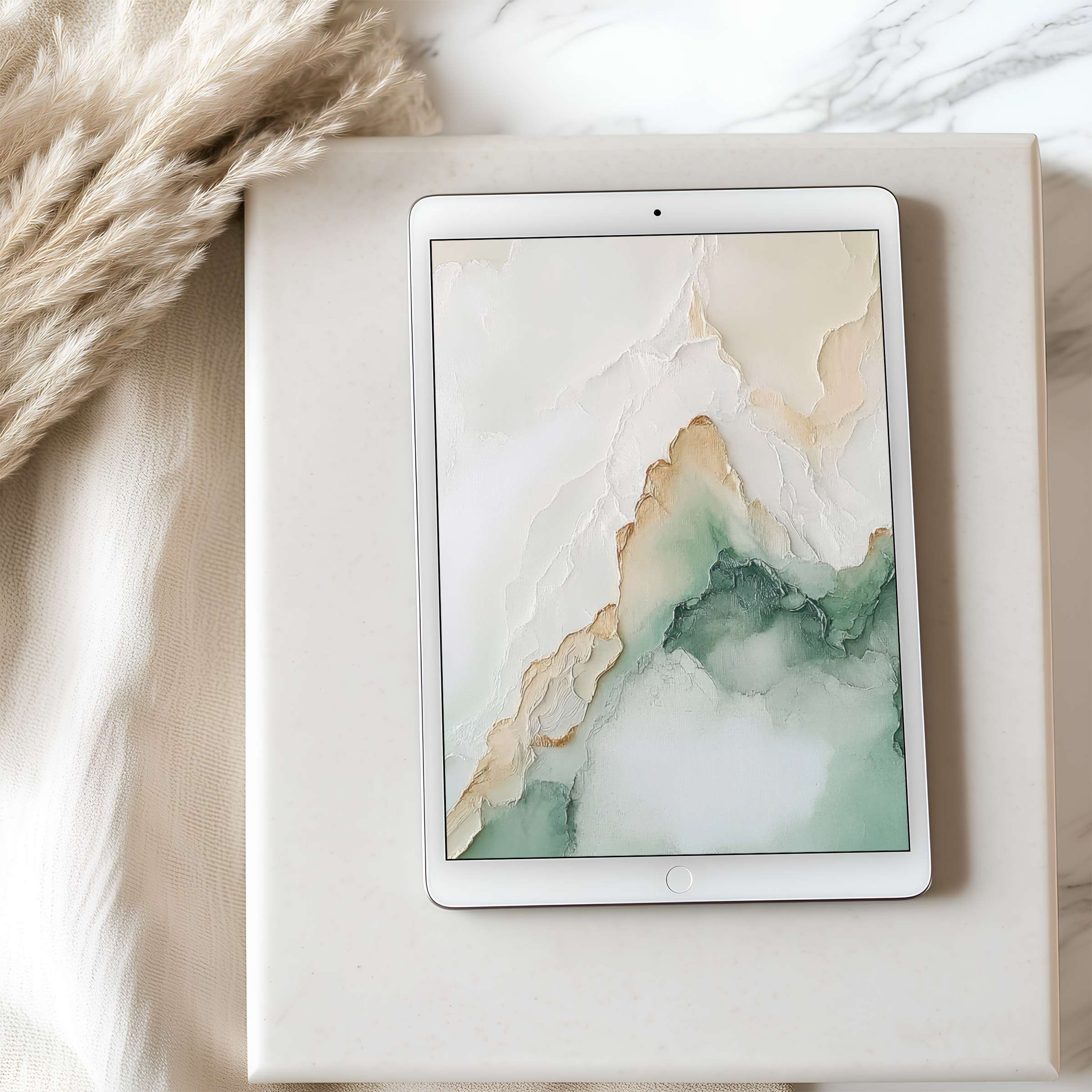 Elegant abstract tablet wallpaper in soft pastels rests gracefully above a textured surface perfect for iPad and Android digital art